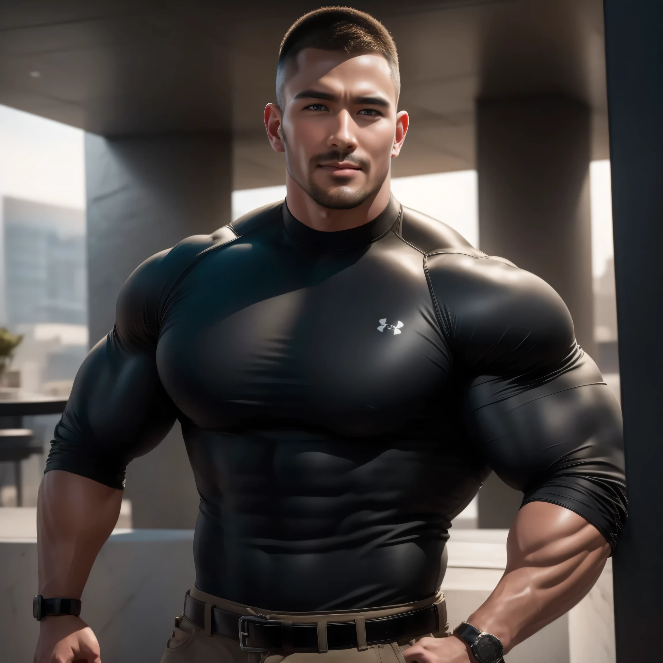 Character design (open-mouth muscular special forces, Buzz Cut, tough guy) wearing a long-sleeved dark black high-neck stretch tight T-shirt, thickened warm security uniform, standing in a luxurious bedroom, looking mesmerized and enjoyed, eyes slightly narrowed, mouth open into an O-shape, expression enjoyment, deep and charming eyes, emerald-like pupils, he is tall, burly, muscular! Sexy charming muscular leg muscles, tall burly, dark black long sleeve stretch turtleneck skinny T-shirt, super gain and cool, high resolution commission, white sneakers, warm lights on the body, camouflage pants, expression mesmerized enjoyment