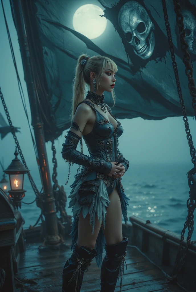 4k, realistic, carismatic, very detail, there is a girl on a big boat, she is a navy army girl, ocean theme, soft clothes, long hair, wearing pants , 25 years old, full body, wearing gucci shoes, necklace, scary face