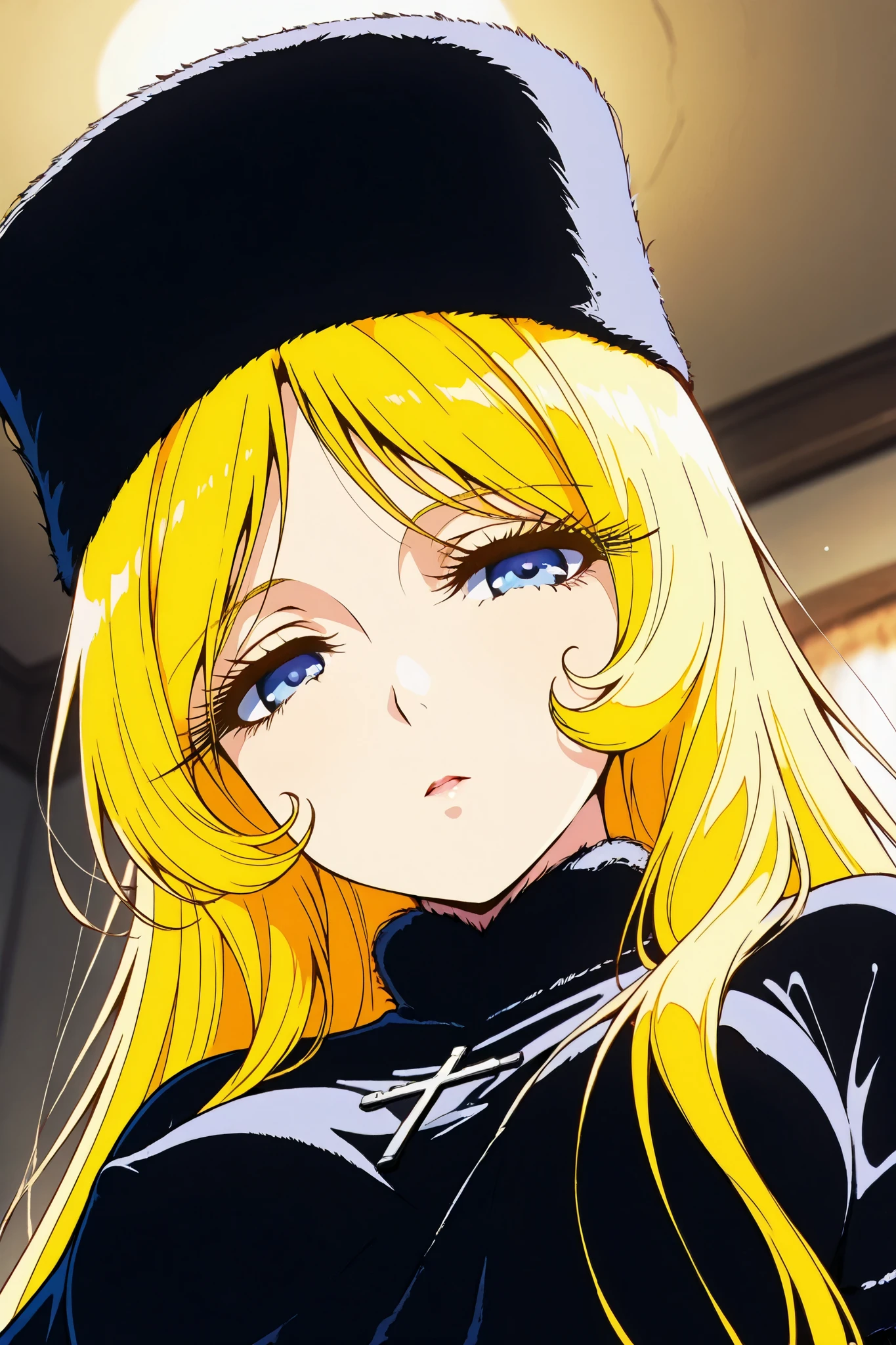 reia_kosu,1 female,solo,pretty,
maetel,
blonde hair,shiny hair,colored inner hair,part bang,
blue eyes,big eyes,slant eyes,long eyelashes,sleepy eyes,
extreme close-up under the chest,
low angle,
midium breast,nipple,looking at viewer,
black clothes(1.3),fur hat,caplet,
white panty,dirty panty,
perfect face,beautiful skin,
anatomically correct,
anime,masterpiece,highest quality,high resolution,
high definition,ultra-detailed,
blurred background,
indoors,on bed,bed room