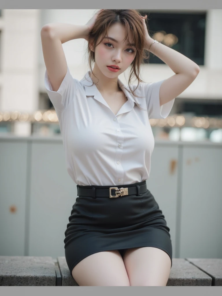 ((Medium Shot, Realistic Cinematic, 4K High Resolution))
A Thai female university student, around 20 to 21 years old, stands poised in front of a sleek office building at night, its glass façade reflecting the golden city lights. She radiates quiet confidence, her presence both refined and effortlessly captivating.
Her face embodies the sharp, elegant beauty of a Thai woman—high cheekbones, a softly defined jawline, and full, naturally pink lips that curve into a subtle, enigmatic smile. Her large, almond-shaped golden-brown eyes, framed by dark lashes, shimmer under the ambient glow, exuding depth and quiet allure. Her fair skin, smooth and radiant with a soft rosy hue, contrasts beautifully against the cool-toned cityscape.
Her long, golden-brown hair flows freely down her back in soft, silky waves, catching the light with subtle warm highlights. A few loose strands frame her face, enhancing her graceful and sophisticated look.
She wears a perfectly tailored Thai university uniform. The crisp white blouse fits snugly, the fabric smooth yet slightly taut across her ample bust, accentuating her curves with elegance. The high-waisted black pencil skirt hugs her hips and thighs, sculpting her silhouette with refined allure. A slim black belt cinches her waist, completing the polished ensemble.
Standing with quiet poise, one hand resting lightly on her hip, she commands attention with her effortless grace. The soft city glow highlights her striking features, making her presence both powerful and irresistibly enchanting against the modern office backdrop.