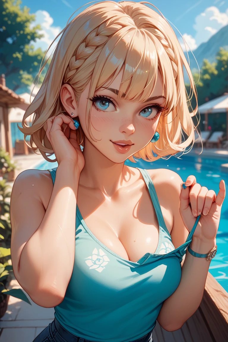 (high resolution, upper body, soft skin:1.2),(best illustration,masterpiece:1.2),ultra-detailed,[(cat ears , grey inside:1.2, green eyes),vivid colors,sharp focus,portrait,misty lighting,bokeh, wearing a plaid bikini, amusement park beach waterfront, ferris wheel in background, low light, smiling, arms behind head