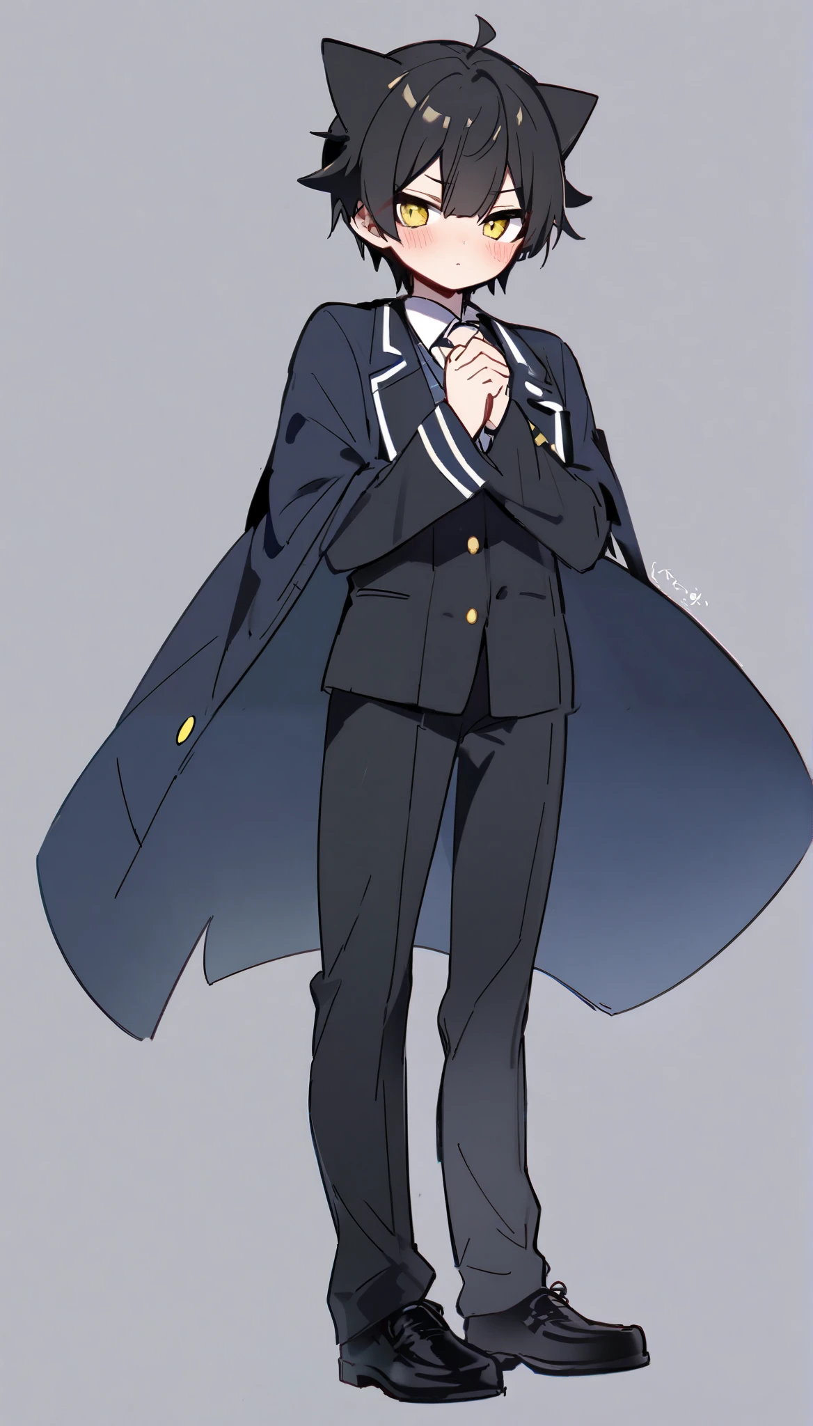 (((Highest Quality))), (Simple background), 1boy, fullbody, standing, cat eyes, Yellow Eyes, Blush, Short Hair, Bangs, Black Hair, Hair Flaps, Hair Ears, male school uniform but with a long open coat, chuunibyou