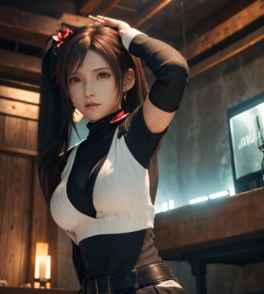 Stoya the Yandere, best quality, hi res, 8k, hi res, 8k, award winning , (sharp focus, intricate, highly detailed), great hair, Red blouse which shows midriff, short black skirt with white leggings, twin tails,