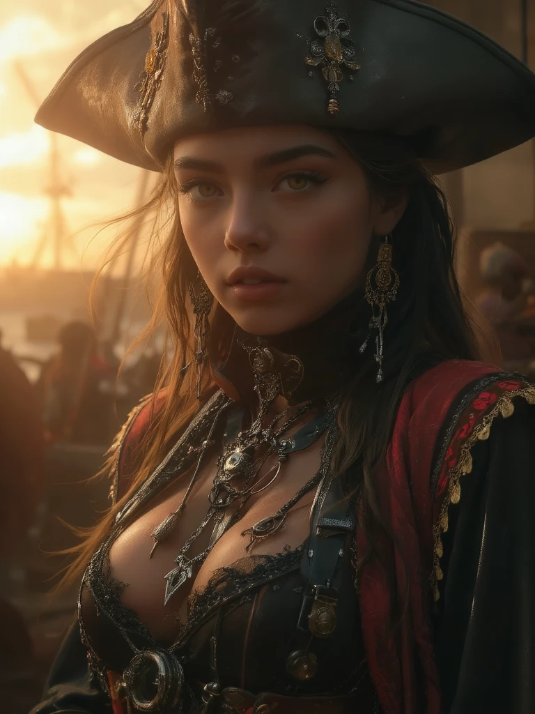 Beautiful ((Woman:1.5)) Captain Jack Sparrow, big boobs, Pirates of the Caribbean, realistically, dynamic lights, old, gray stubble, full shoot, (extremely detailed CG unity 8k wallpaper), trending on ArtStation, trending on CGSociety, High Detail, Sharp focus, dramatic, photorealistic, detailed eye