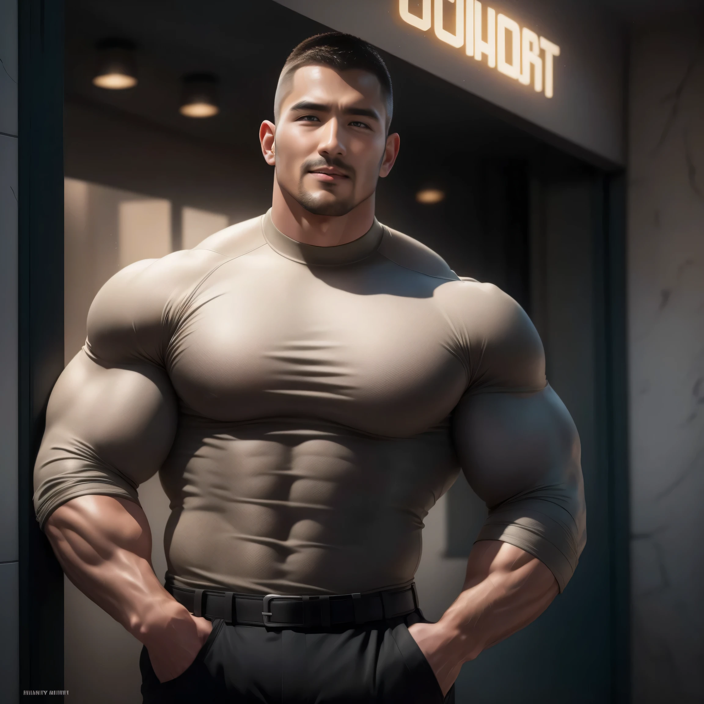 full body view, one handsome bodybuild 18 yo boy , massive, swollen muscles, bodybuilder posing in white transparent PVC biker jacket, tight white transparent latex breeches, white transparent rubber socks, no shoes, pierced nipples with gold rings and chains, admiring himself in mirror