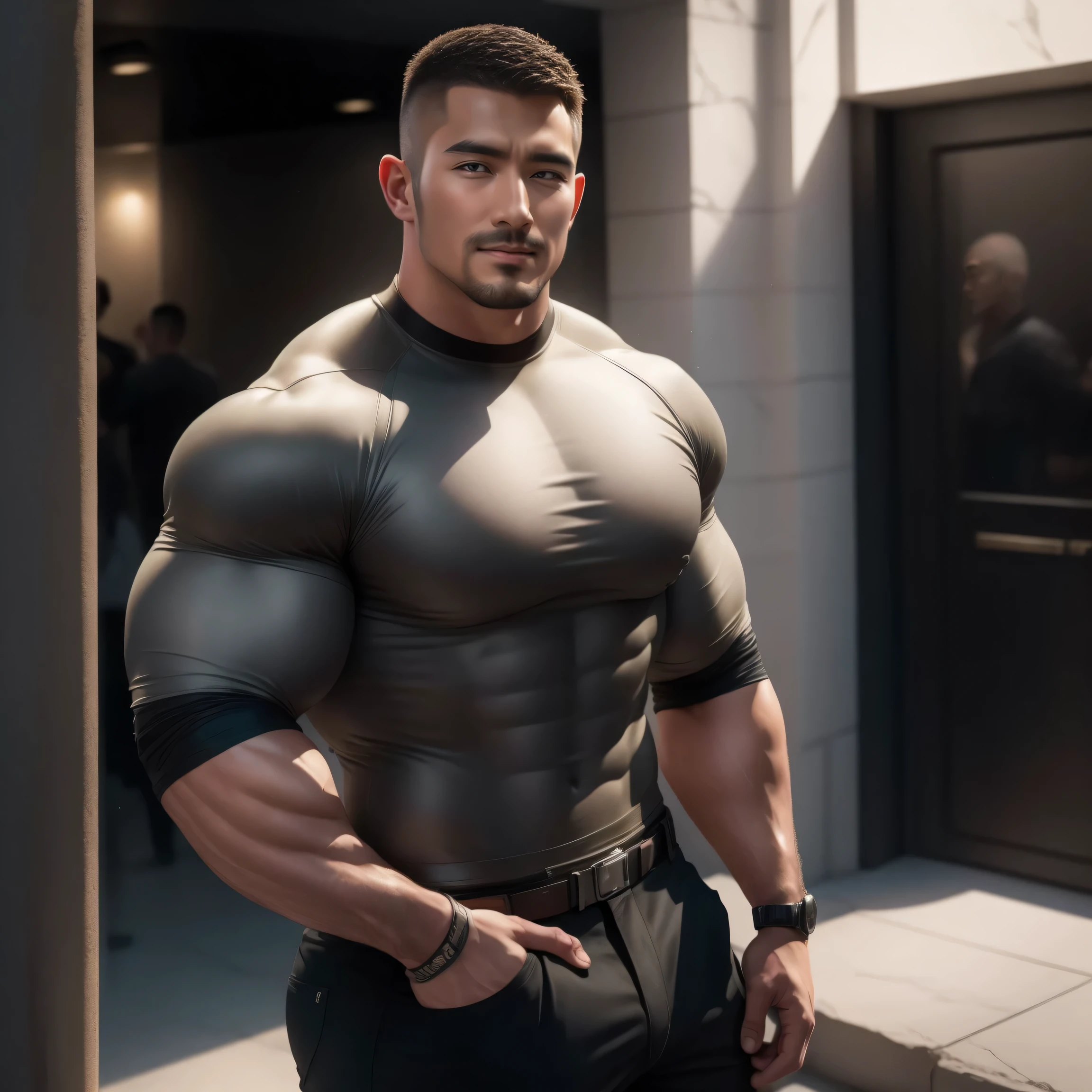There is only one very muscular male security guard, buzz cut,Flat head,At the entrance of an upscale coffee shop,He wears a bright silver gray neoprene long sleeve tight t-shirt,UnderArmour Logo,He has a great smile, Lift your chin, buzz cut, thick thighs , Very tight, Regular symmetrical pattern, High Aimslight muscles, High-end western pants , character concept (buzz cut Chris Redfield) proud expression, Deep charming eyes, heroic male posture, tall Burly, muscular!muscular thighs, Tough Guy, Perfect facial features, High Aims, Burly, Heqiang, Super exquisite and cool, High Aims Resolution Committee, Extraordinary Charm , The sun is strong, is dazzling