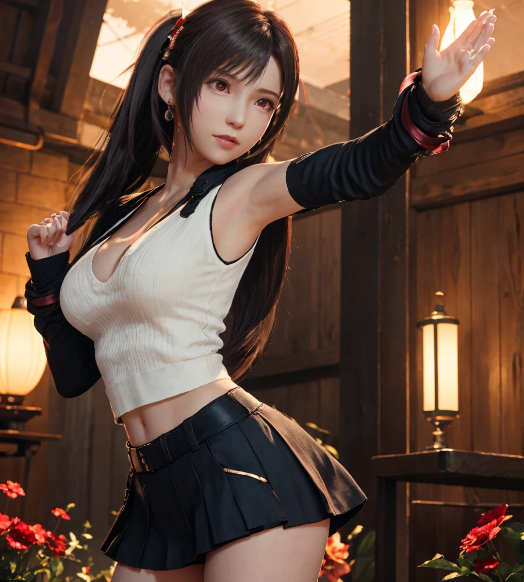 pureerosface_v1,  ulzzang-6500,  corneo_covering_breasts_one_arm, sexy pose, (8k, best quality, masterpiece:1.2), (realistic, photo-realistic:1.37), ultra-detailed,
1 girl,cute, solo, (tifa lockhart), (big breasts),(beautiful detailed eyes), (smile:1.2), (closed mouth), arms behind back,
neon lights, cityscape, depth of field, dark intense shadows, sharp focus, cars, motion blur, motor bikes, depth of field, good composition, green glowing light,
Final Fantasy VII, dating,(nose blush), single elbow pad, black hair, red shoes, muscular,abs,taut shirt,no bra,black skirt, thighhighs, full body, head rest, lips, pretty face, low-tied long hair, ((red_eyes)), yellow flowers, (night:1.3), intricate, bokeh, cinematic lighting, photon mapping, radiosity, physically-based rendering, (Tetsuya Nomura style)