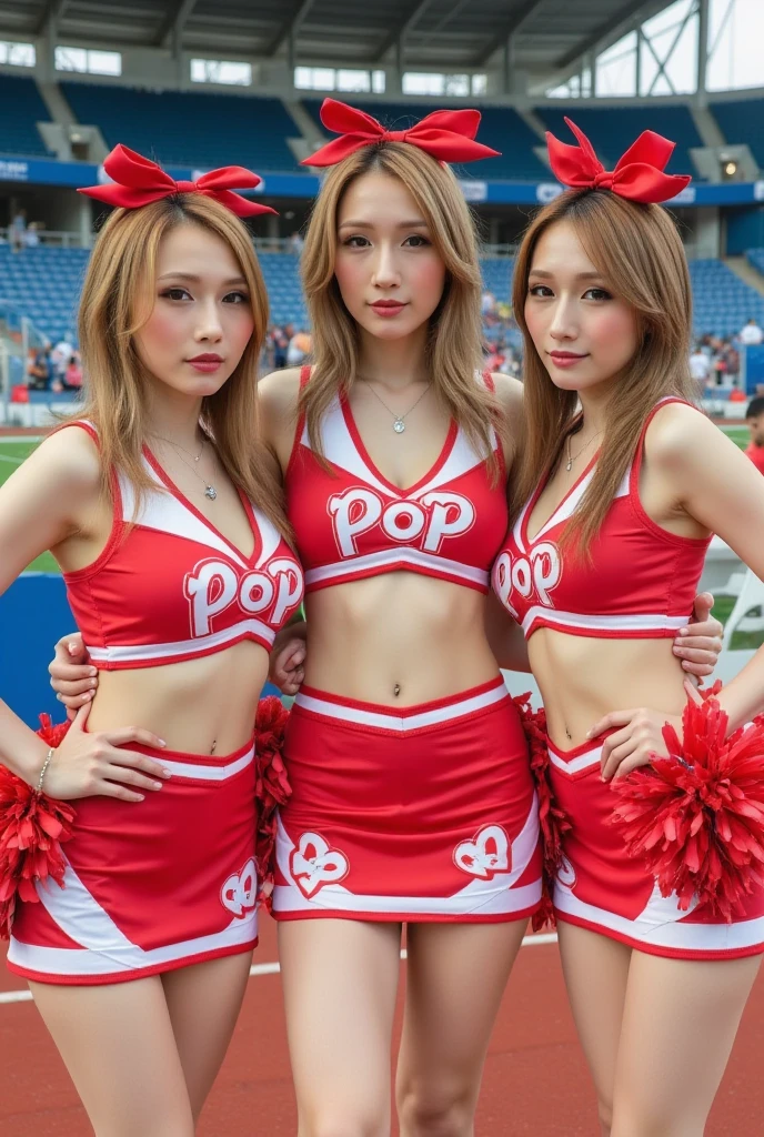 Highest quality,masterpiece,Ultra-high resolution, Very detailed, 8K,a 15 years old beautiful Japanese woman:1.5, Small face, Black Hair, blunt bangs, Breast Augmentation Surgery, (Gorgeous cheerleader costume:1.5), Dancing in the stadium