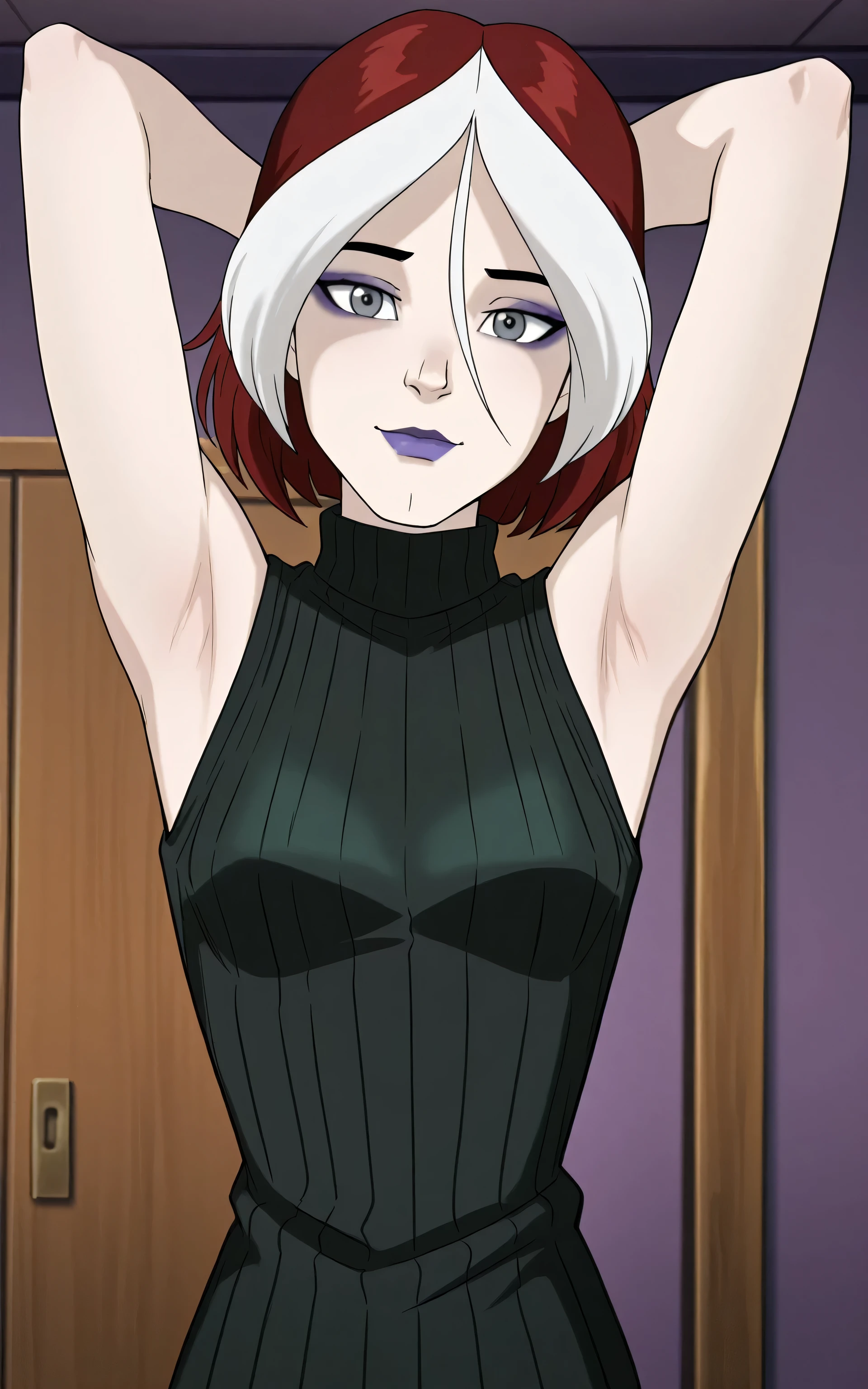 masterpiece, best quality, amazing quality, anime screencap, 1girl, solo, xroguex, dyed bangs, white hair, red hair, hair between eyes, (grey eyes:1.1), makeup, purple lips, black sweater, sleeveless sweater, ribbed sweater, turtleneck, sleeveless, bare shoulders, bare arms, arms behind head, armpits, head towards viewer, looking at viewer, light smile, closed mouth, front light, indoors