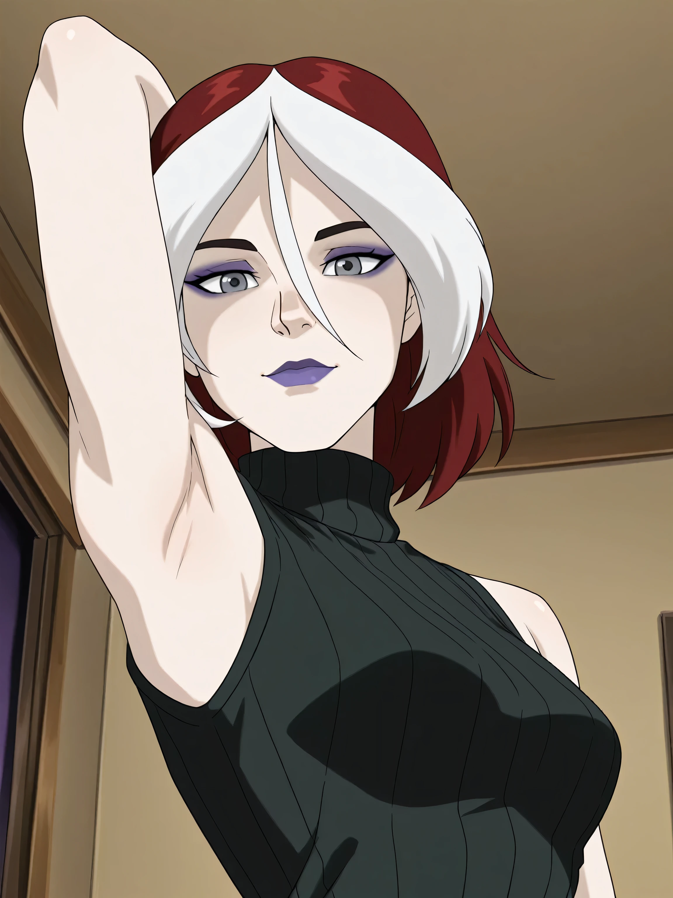 masterpiece, best quality, amazing quality, anime screencap, 1girl, solo, xroguex, dyed bangs, white hair, red hair, hair between eyes, (grey eyes:1.1), makeup, purple lips, black sweater, sleeveless sweater, ribbed sweater, turtleneck, sleeveless, bare shoulders, bare arms, arm behind head, armpit, head towards viewer, looking at viewer, light smile, closed mouth, front light, indoors, from side, from below