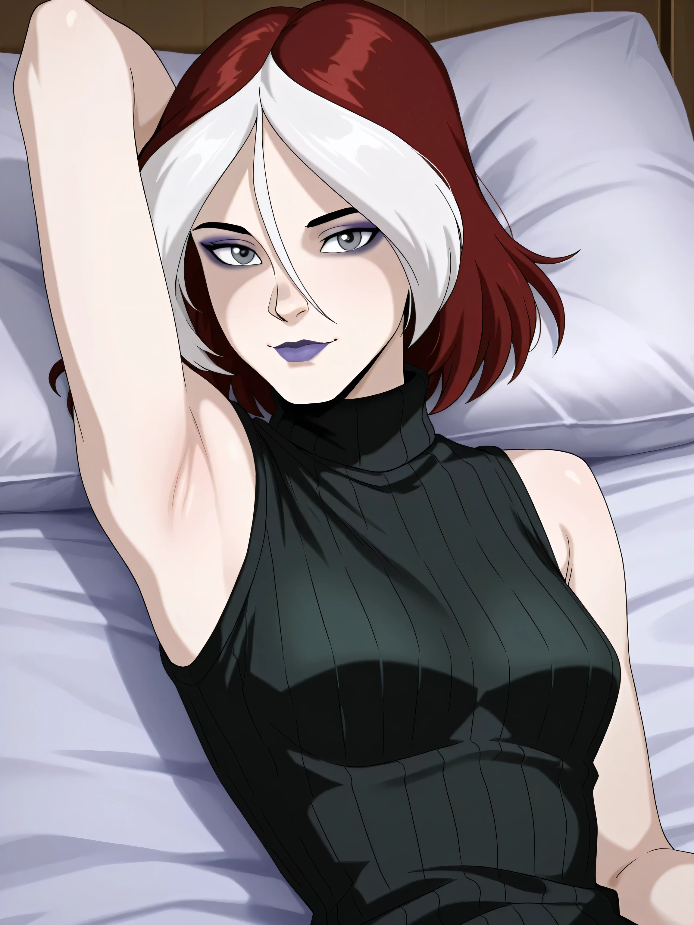 masterpiece, best quality, amazing quality, anime screencap, 1girl, solo, xroguex, dyed bangs, white hair, red hair, hair between eyes, (grey eyes:1.1), makeup, purple lips, black sweater, sleeveless sweater, ribbed sweater, turtleneck, sleeveless, bare shoulders, bare arms, arm behind head, armpit, head towards viewer, looking at viewer, light smile, closed mouth, front light, lying in bed