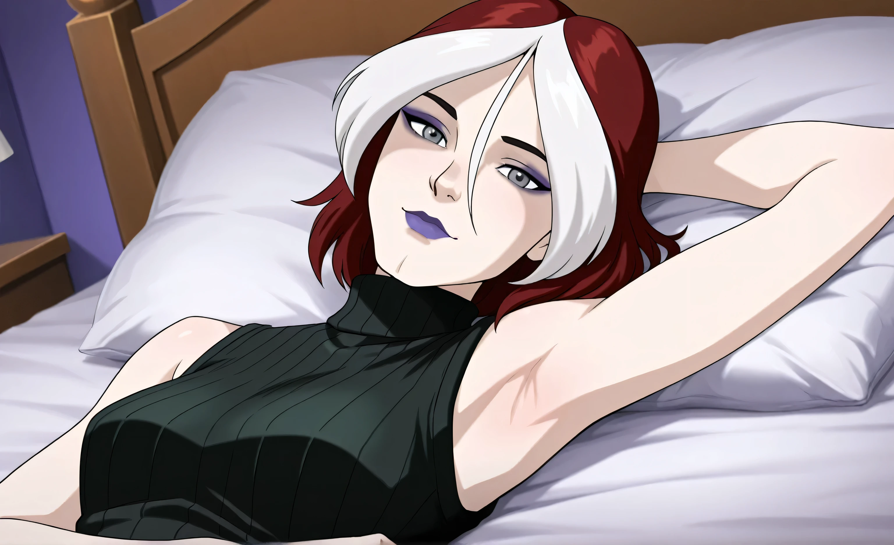 masterpiece, best quality, amazing quality, anime screencap, 1girl, solo, xroguex, dyed bangs, white hair, red hair, hair between eyes, (grey eyes:1.1), makeup, purple lips, black sweater, sleeveless sweater, ribbed sweater, turtleneck, sleeveless, bare shoulders, bare arms, arm behind head, armpit, head towards viewer, looking at viewer, light smile, closed mouth, front light, lying in bed
