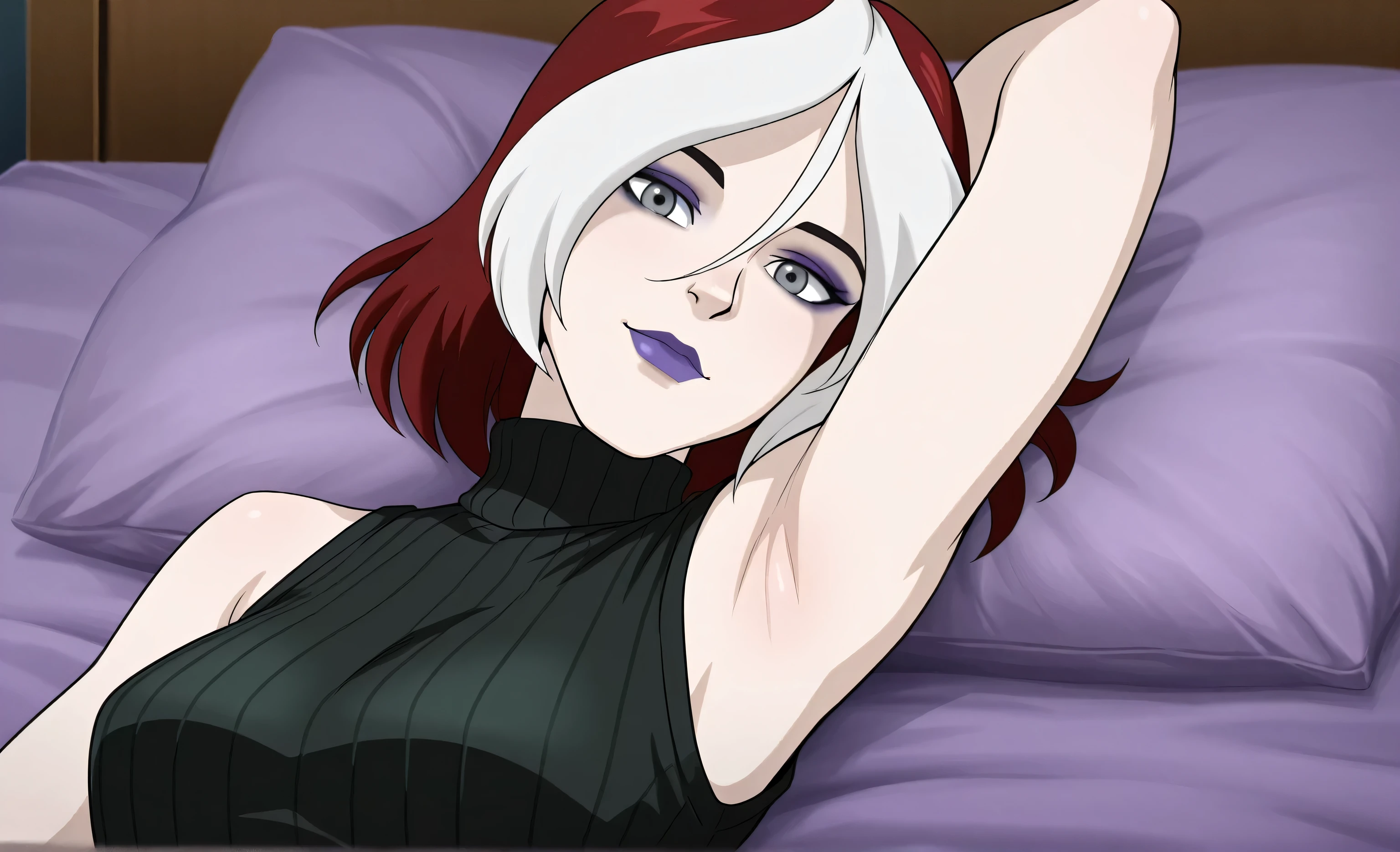 masterpiece, best quality, amazing quality, anime screencap, 1girl, solo, xroguex, dyed bangs, white hair, red hair, hair between eyes, (grey eyes:1.1), makeup, purple lips, black sweater, sleeveless sweater, ribbed sweater, turtleneck, sleeveless, bare shoulders, bare arms, arm behind head, armpit, head towards viewer, looking at viewer, light smile, closed mouth, front light, lying in bed