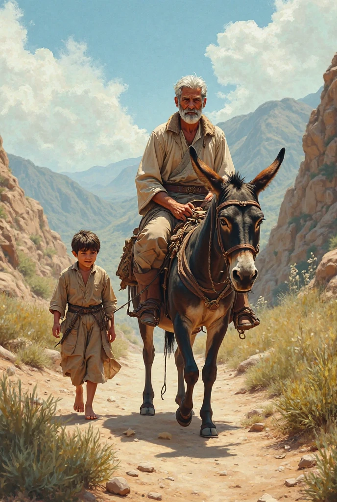 A man walks with a donkey and a boy on its back