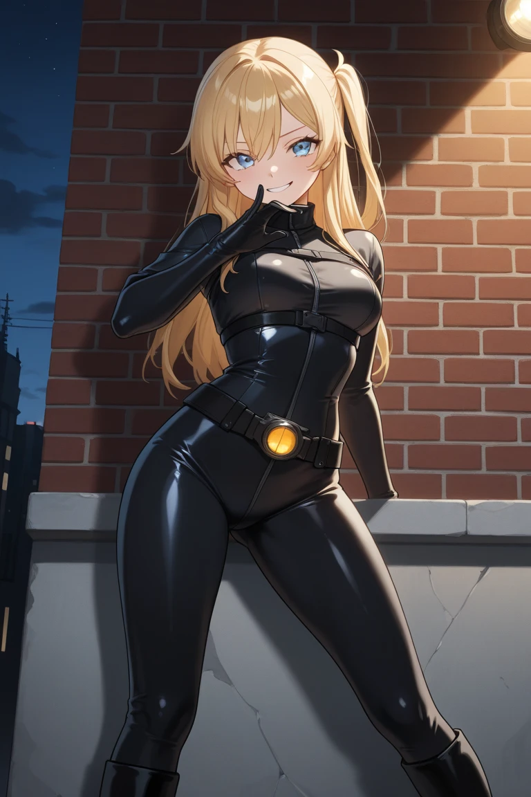 KemiiHS1, 1girl, solo long hair, hat, peaked cap, brown eyes, blonde hair, looking at viewer, bodysuit, breasts, brown hair, black bodysuit, medium breasts, cleavage, parted lips, smile, cowboy shot, unzipped, black headwear, zipper, wrist cuffs, wide-eyed, collarbone, collar, curvy, outdoors, night, sky, stars, lights, buildings, trees, bushes, long sleeves, standing, arms in hips, (from below:1.3),
<lora:KemiiHS1:0.8>
