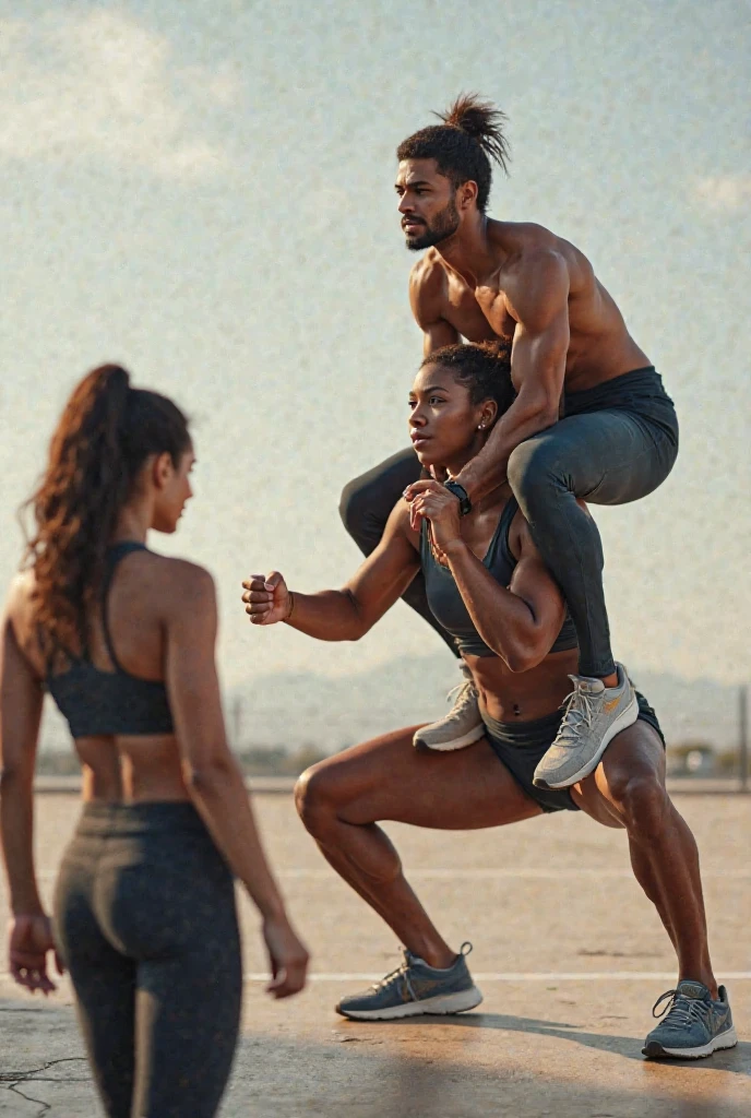 A dynamic duo of fitness enthusiasts, silhouetted against an orange plain background, engage in an intense training session. With vectored lines defining their sleek black forms, the man and woman embody the essence of strength and agility. Their focused expressions convey their determination and commitment to their sport. The man's broad shoulders and muscular frame are emphasized by the woman's lithe and toned figure, creating a perfect balance of power and grace. The training scene is filled with a sense of motion and energy, capturing the spirit of their dedication to their fitness journey.