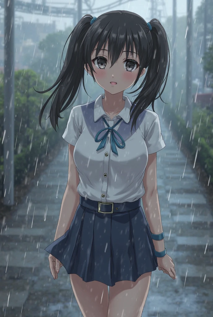 School Ground, , short sleeves, Skirt,
Field,
GOOD visible through clothes,
GOOD, Transparent, wet,
wavy mouth,
(run:1.2), arms on head,
looking away, Looking to the future, looking away,
(Masterpiece, Best Quality, ultra detailed),
black fur, big breasts,
Beautiful face, kawaii, small face,
(rain),
1 girl, Alone,