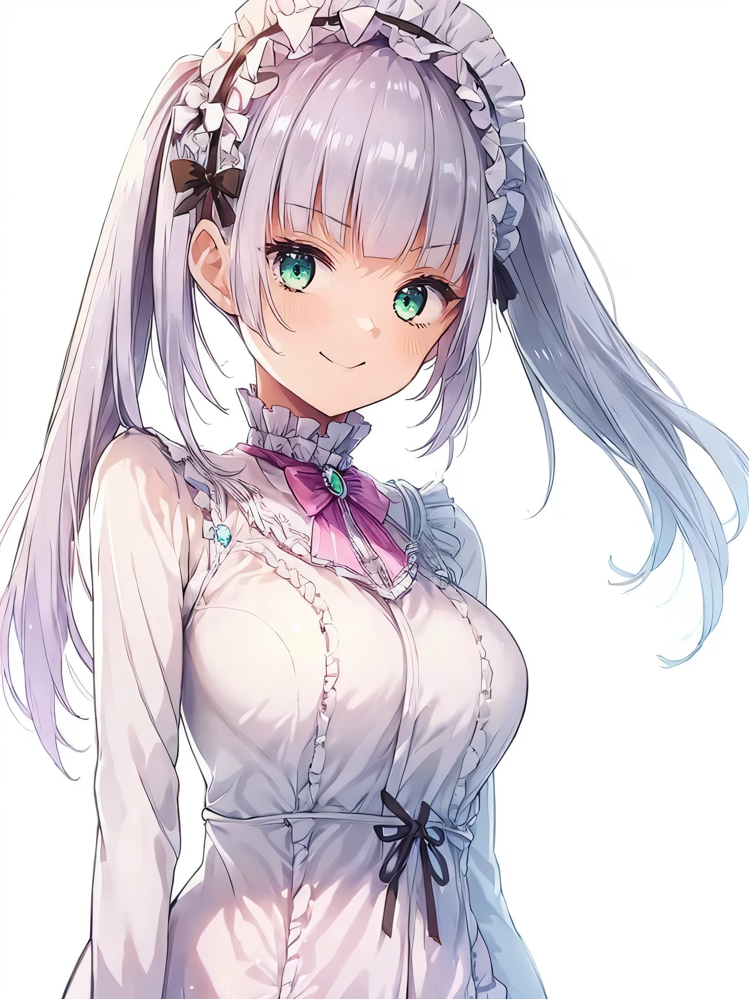 (((1 girl))), masterpiece,Highest quality,realistic, upper body, green eyes、 gloves、smile、black gloves、twintails、Gray Hair、 maid's headdress、 long hair、 Dull bangs、ribbons、 headband、Sugawara Tomoe、Skin Texture、smile is too cute,Beautiful costumes, Exquisite Costumes ,(ta Fashion,vintage style:1.2)、The hem of the costume is long ,celebration,white background、 pink coat,