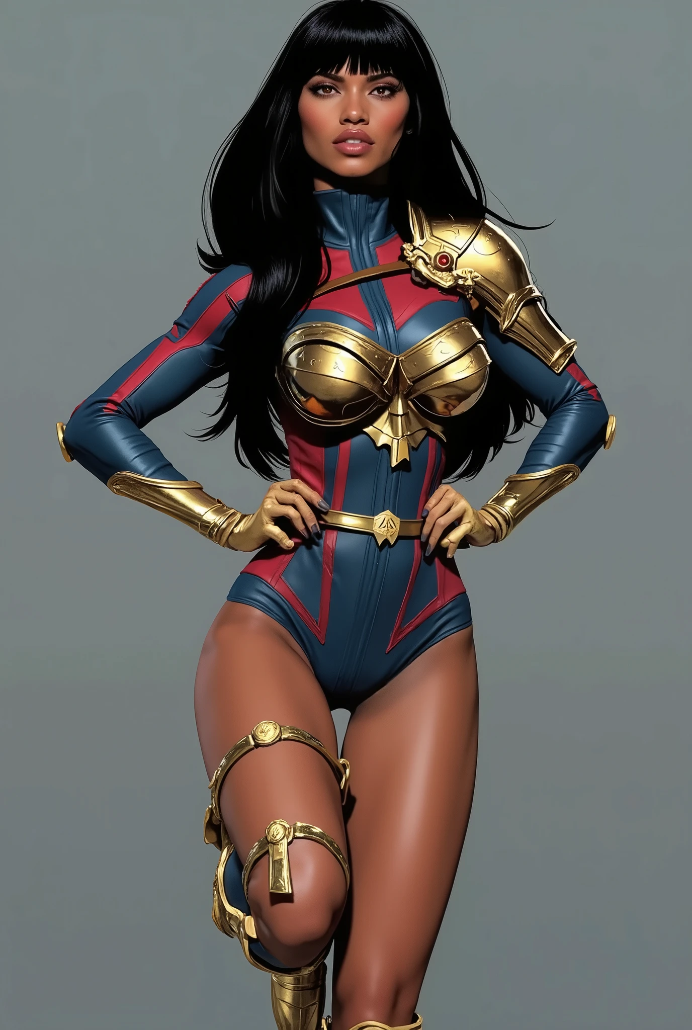 super heroine - tight fitting costume, ample chest and athletic build, gorgeous woman, seductive, Venezuelan (cartoon:1.3) game characters, 3D Character, 1 girl standing, (full body:1.5), hero pose, exaggerated proportions, intricate character design, sense of nostalgia, exaggerated features, memorable look, consistent, coherent, captivating, (clear eyes:1.2), (highly detailed eyes:1.2), highly detailed hands, detailed floor, textured socle, dusty ground, intricate shoes, occlusion Ambiant, ray tracing, hdr, arnold render, 4k, absurdness, hires, xgen, realistic hair, trending on artstation, master piece, intricate, simple night club background, (black background:1.3), (rim lighting:0.6), realistic matte skin, skin texture visible, (sharp focus), (high quality),