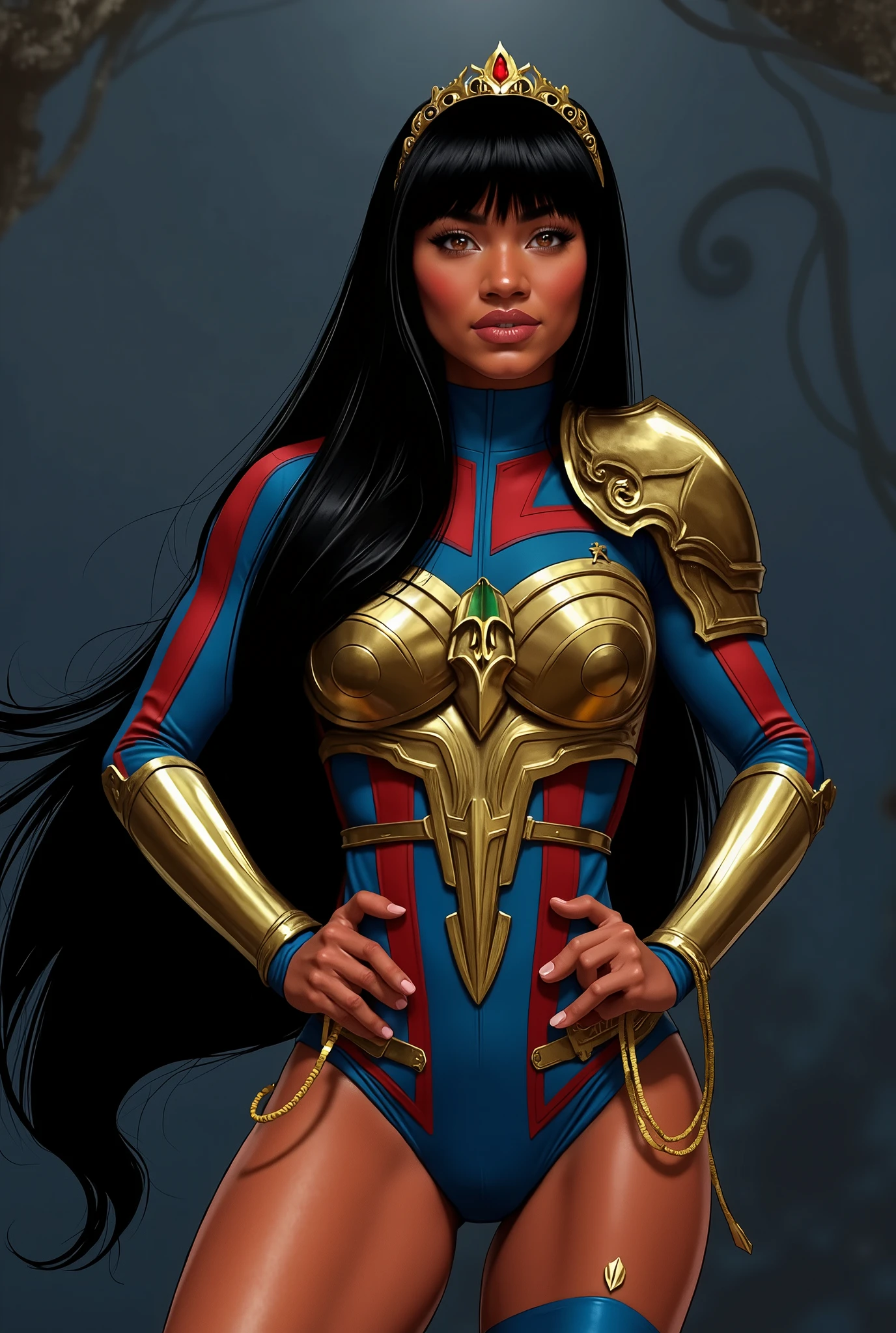 score_9, score_8_up, score_7_up, volumetric lighting, dynamic shading, 1girl, Yara Flor, dark skinned female, female is native Brazilian, blue leotard, knee high boots, amber eyes, tiara, tight clothing, golden chestplate armor, (cameltoe:.5),golden armband, golden pauldron, long black hair, blunt bangs, large breasts, skin indentation, eye contact,, flouting, suggestive pose, professional lighting, ultra realistic, hands on hips, hands on waist, 
