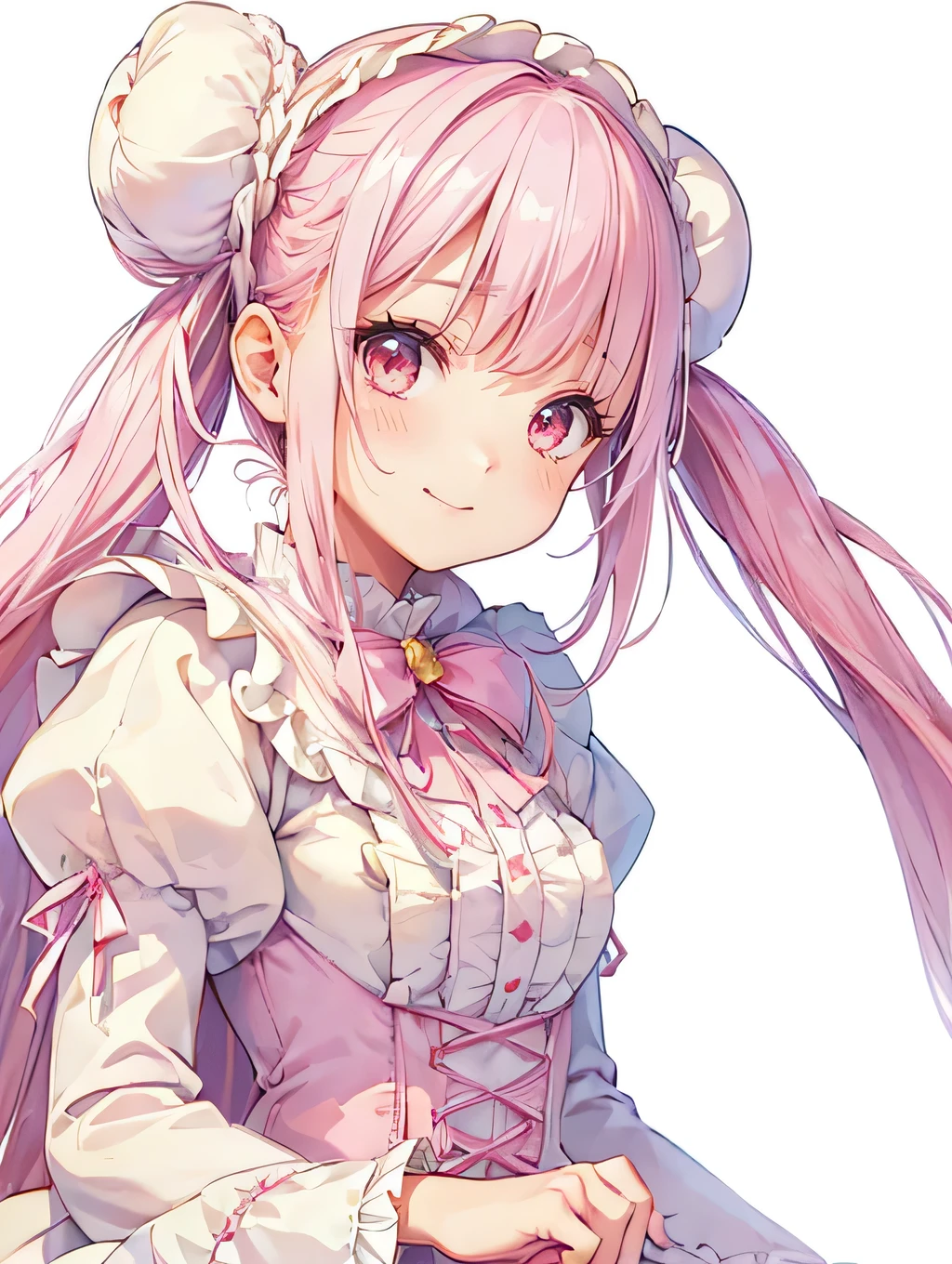 (((1 girl))), masterpiece,Highest quality,realistic, upper body,((( white hair ribbon:0.4))), pink eyes,(((white bun hair))),(((long pink hair))),(((Longer hair))),Tama Kunimi、Skin Texture、Your smile is so cute,Beautiful costumes, Exquisite Costumes ,(ta Fashion,vintage style:1.2)、The hem of the costume is long ,celebration,white background、 pink coat,
