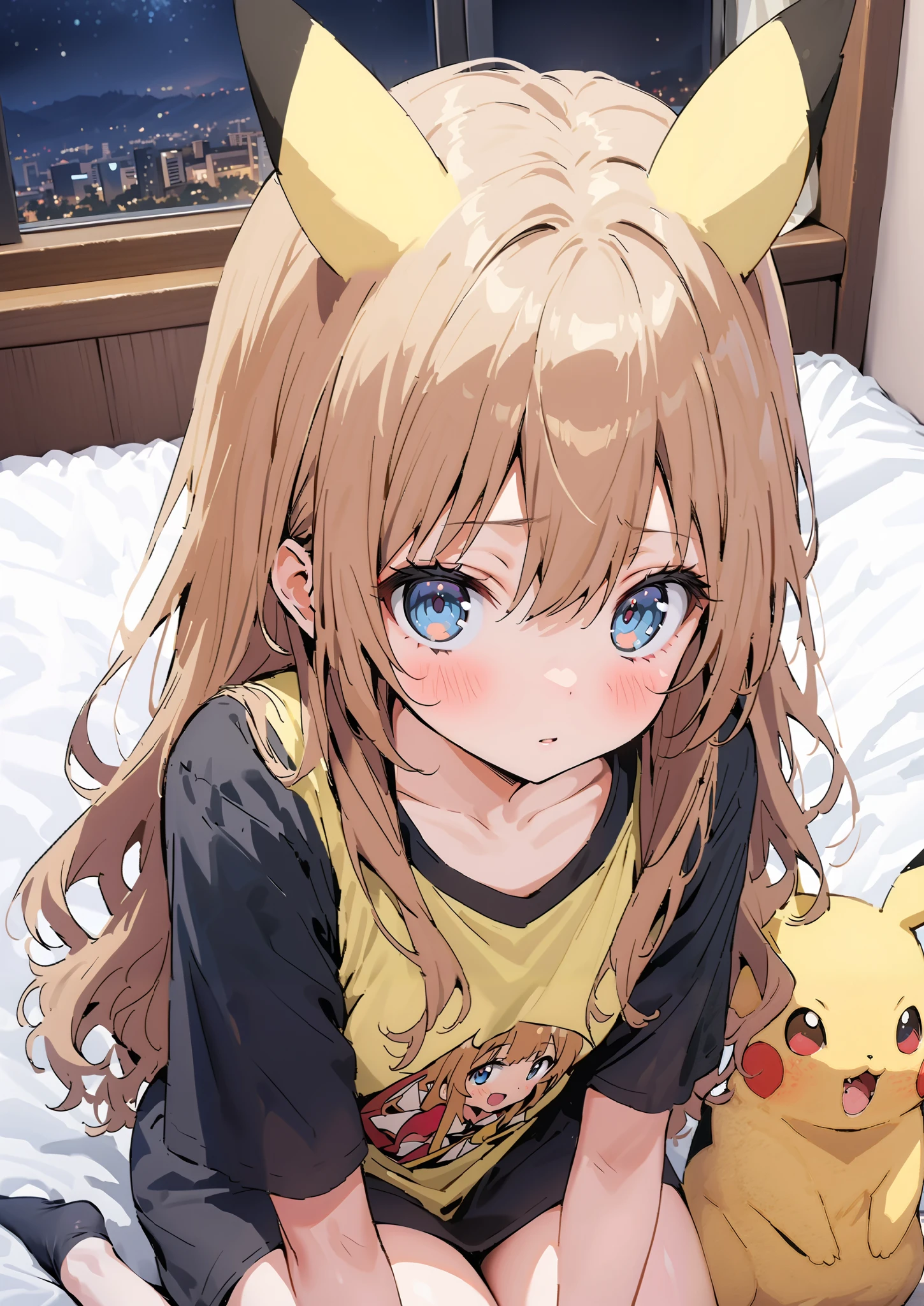  score_9,  score_8_up,  score_7_up,  source_anime,
Taigaisaka, Aisaka Taiga,  long hair, brown hair, brown eyes,blush,is embarrassing,
Pikachu cosplay, pikachu \(pikachu\), character print, Food, Foodie, yellow Foodie, Interior , beautiful night view with depth, bed with my thighs,like your whole body is in the illustration,
break indoors, bedroom,
break looking at viewer,
break (masterpiece:1.2),Highest quality , kampala, Unity 8K Wallpaper ,(shape:0.8),(  fine, beautiful eyes  :1.6),It's a person , full body photo,CG Details , ( perfect hands, complete anatomy),