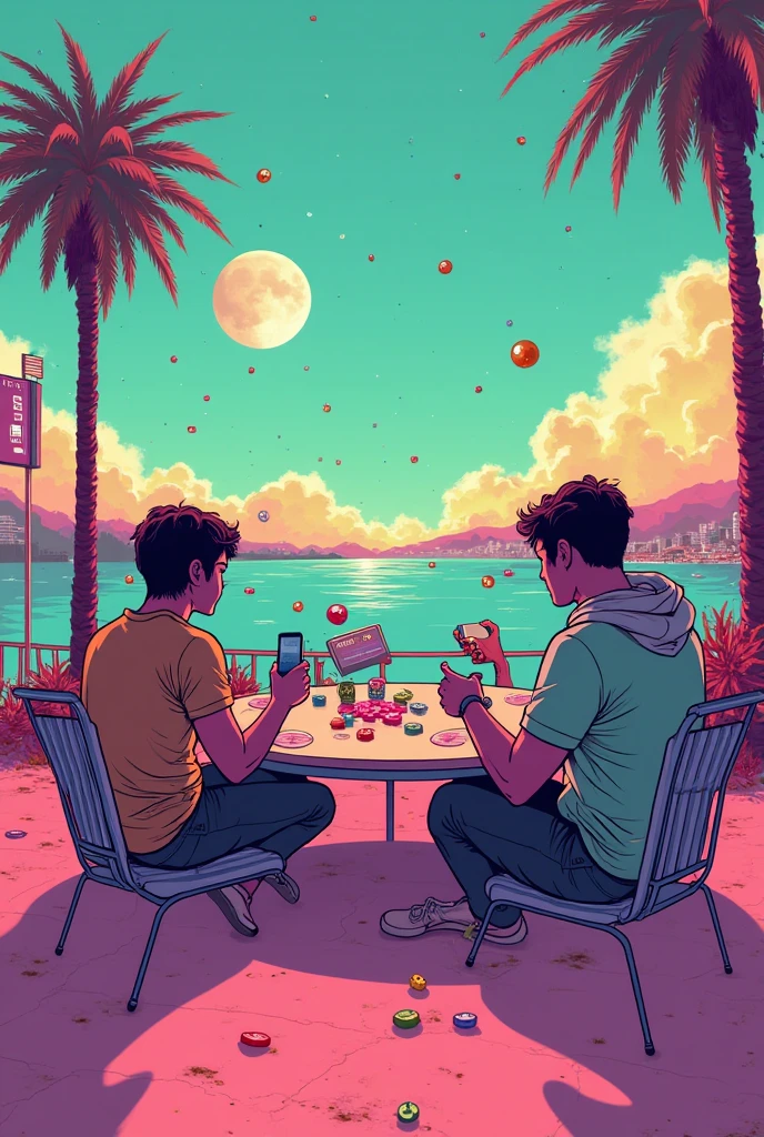generate me a background image for the Cannes Games Festival where we might see a group of 3 friends playing video games , Quite futuristic but with a fun Pluto DA , colorful , pop , Like pink, green and yellow, and we would see giant colored dice rolling on the Croisette as well as other more technical elements please, remains a bit futuristic but pop and above all puts some references to video games all the same, the dice must be giant , Cal lots of references to board games and videos in general please