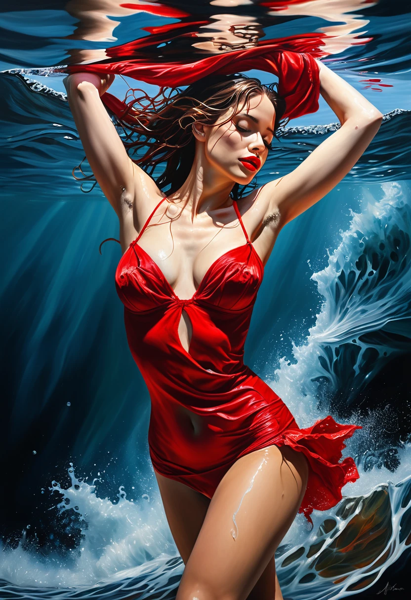 Create an Illustration depicting a woman, 30 years old, sophisticated, Vibrant, na cor "Deep Well means strength and security", random pose, the scene must simultaneously present an atmosphere of darkness and horror, very detailed portrait mixing the fantastic muscular realism of Boris Vallejo, the dark mystery of Luis Royo, Van Gogh's wavy lines, a tinta de Carne Griffiths, Wadim Kashin, red dress digital painting, Epic setting, Masterpiece artwork, Intricate Art, details in