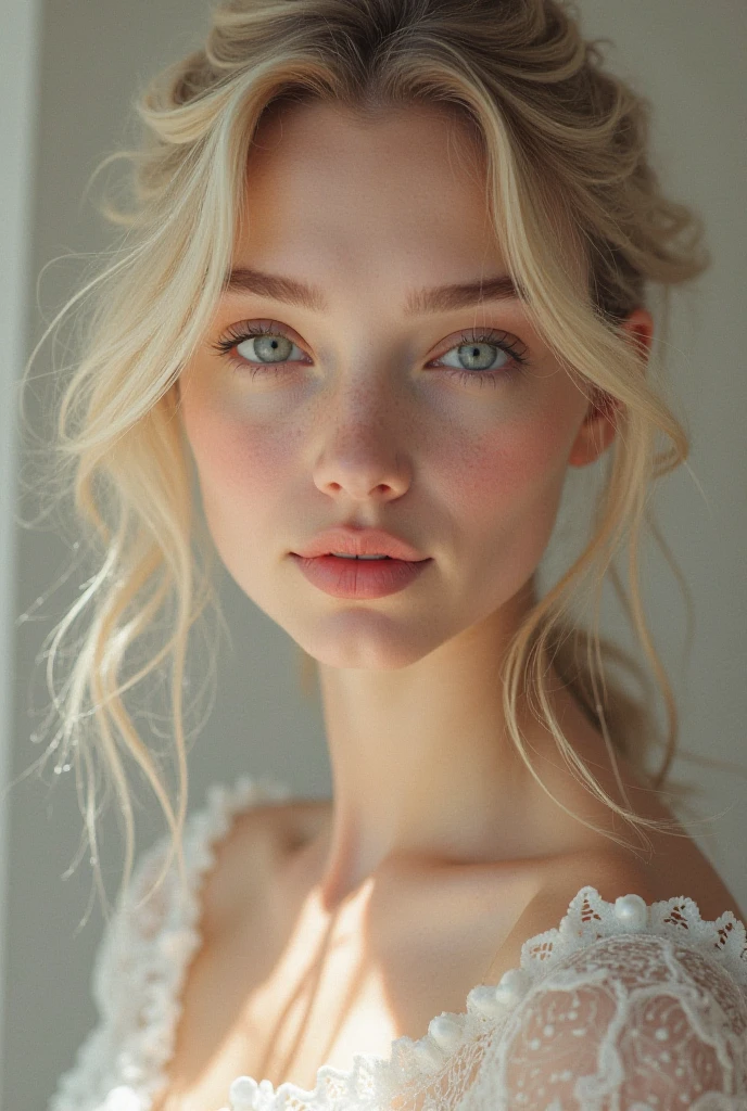 Super light blonde girl with big light green eyes, pale skin, full lips, round thick eyebrows,round face, small nose and wavy hair