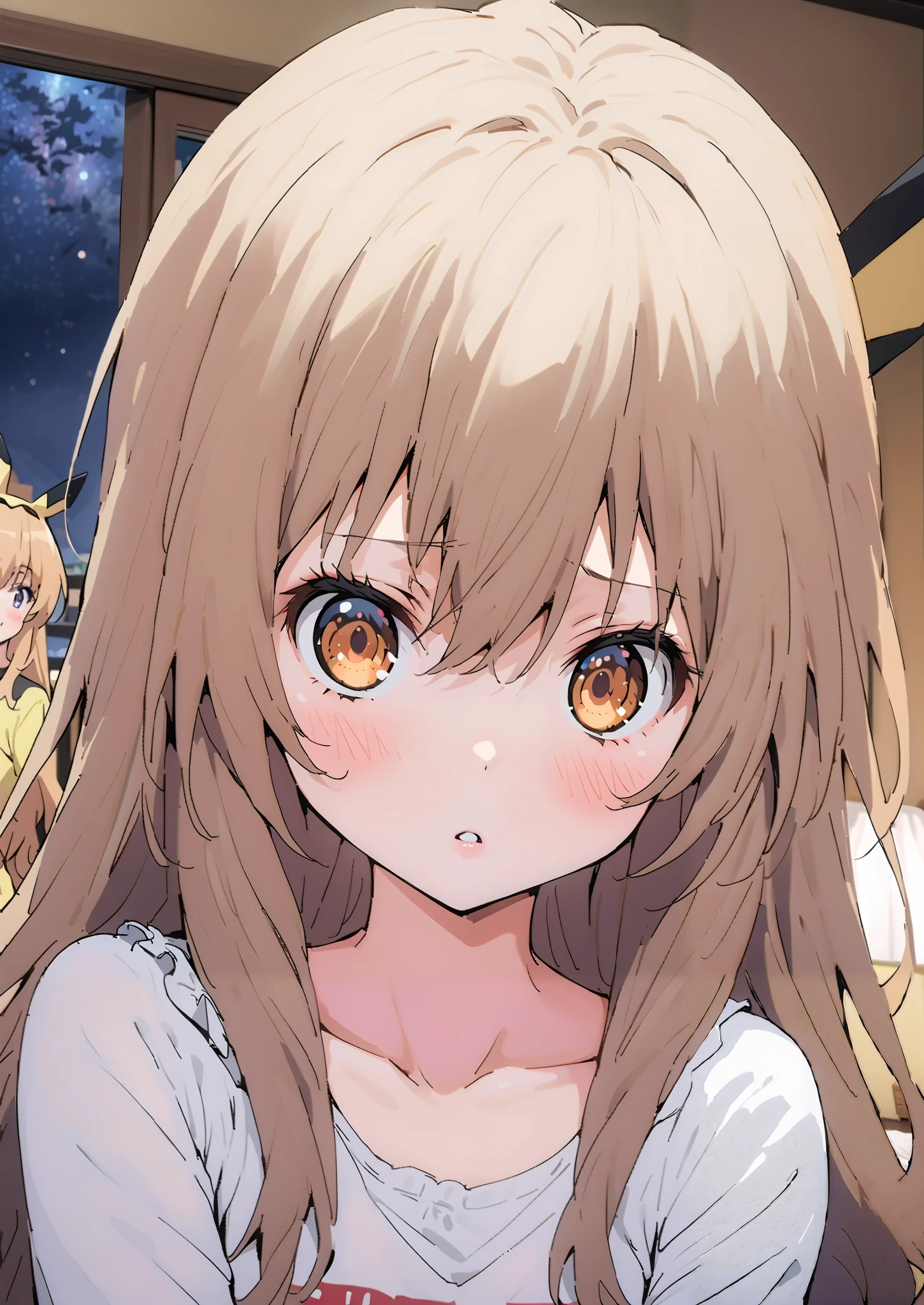  score_9,  score_8_up,  score_7_up,  source_anime,
Taigaisaka, Aisaka Taiga,  long hair, brown hair, brown eyes,blush,is embarrassing,
Pikachu cosplay, pikachu \(pikachu\), character print, Food, Foodie, yellow Foodie, Interior , beautiful night view with depth, bed with my thighs,like your whole body is in the illustration,
break indoors, bedroom,
break looking at viewer,
break (masterpiece:1.2),Highest quality , kampala, Unity 8K Wallpaper ,(shape:0.8),(  fine, beautiful eyes  :1.6),It's a person , full body photo,CG Details , ( perfect hands, complete anatomy),