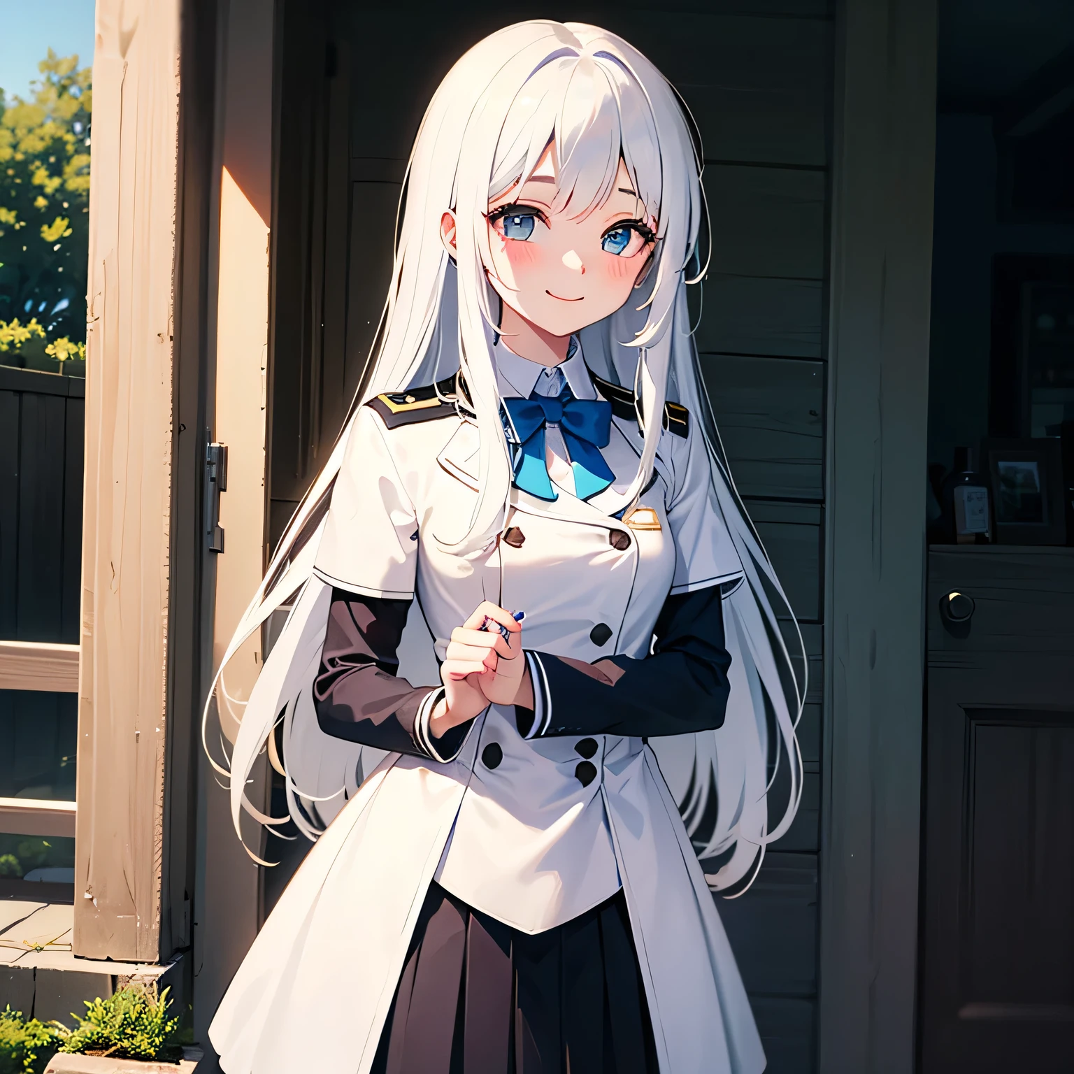 ung girl, blue with white hair, gentle gaze, smile, blush, uniform with suit, white eyes, standing, masterpiece.