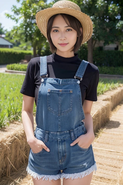 Tanned Tomboy girl, long ponytail hair, jeans romper, dirty mechanic gloves, anime style, idle pose, dirty clothes with engine oil, don't looking at the camera
