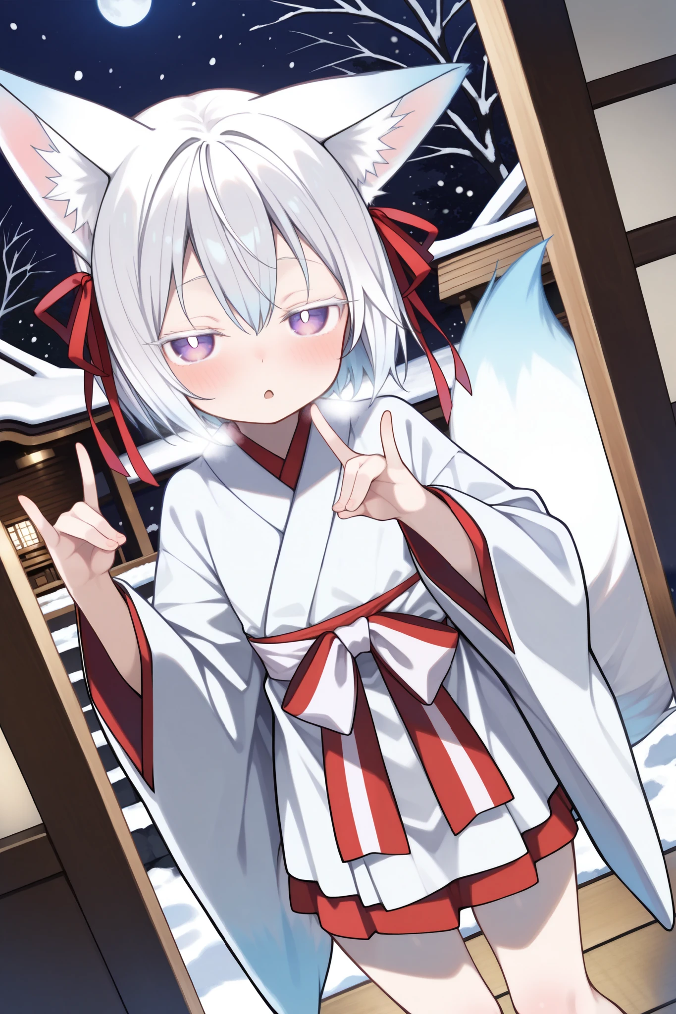 score_9, score_8_up, score_7_up, ((dim, dark room, deep shadows, snow, night)), dutch angle, looking up at viewer, (solo, 1girl, yuki onna, white hair, short bob hair, habitual hair, hair ribbon, red ribbon, purple eyes), (white fox ears, fox tail), (((loli, thin, petite, short body))), (shrine maiden clothes), fox shadow puppet pose, (small hands, short finger), standing, steam, cute face, big eyes, half closed eyes, (((white pupils))), white eyelashes, lower eyelashes, ((blash)), shy, open mouth