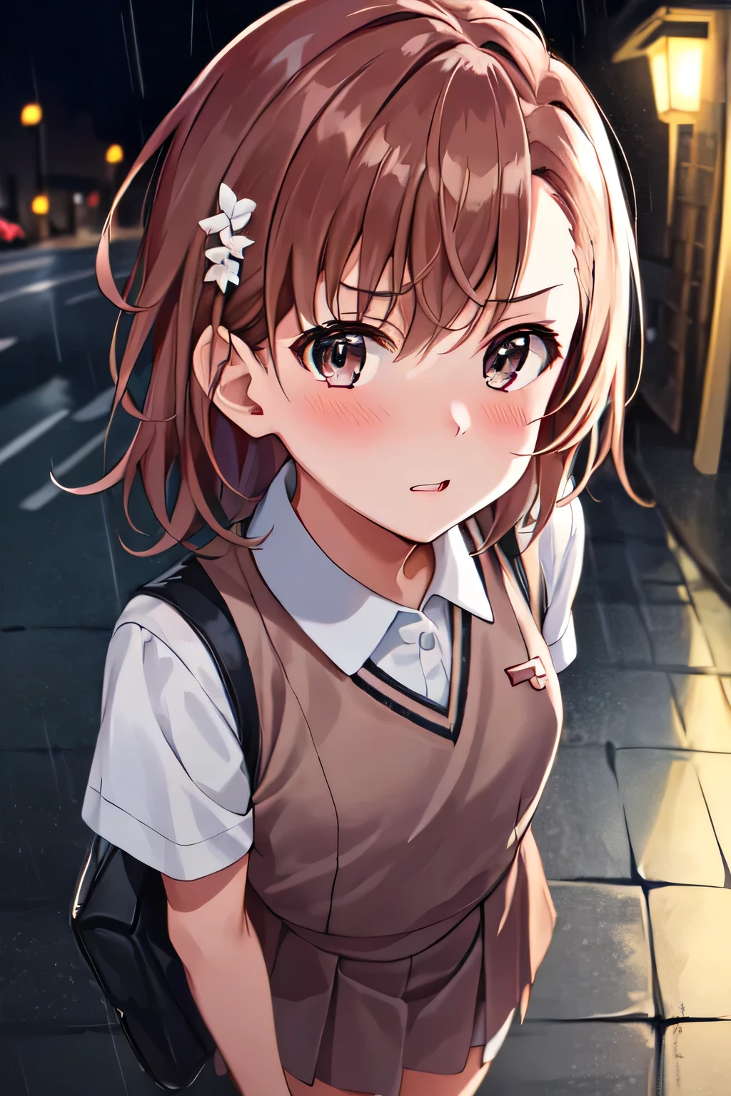 1girl, Misaka Mikoto:1.2, tokiwadai school uniform, from above, focus face, face shoot, fake pout, street  (extremely detailed CG, masterpiece, highres icon,absurdres,4K),