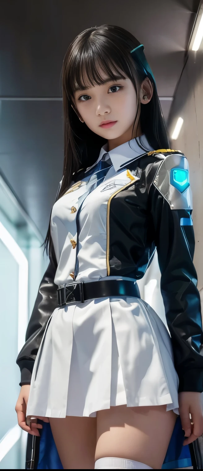 cool idol cyberagent girl、A pure girl's face、 hypo、、White Miniskirt Uniform、、Glowing Cybersword、Cyber Belt