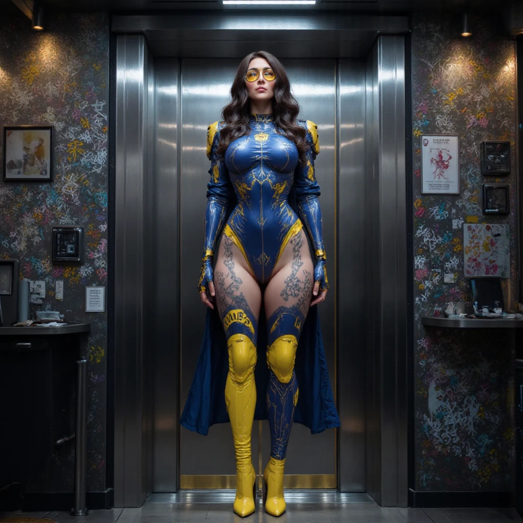 1girl, age25, mature face, shy smile, tan skin, blue eyes (glowing), goggles up, long brown hair, black superhero mask, arms folded across chest, thicc, lush breasts, standing legs apart, wearing skintight black fullbody stocking with blue concentric rings on the shoulders, blue star emblem on chest, small bronze metal pauldrons, broad brown leather belt with bronze fittings, raygun gothic, from below, brown leather hip boots, standing below statue of Atlas, absurdes, high res, chiaroscuro, volumetric lighting, ultrasharp, 8k, masterpiece, looking at viewer,