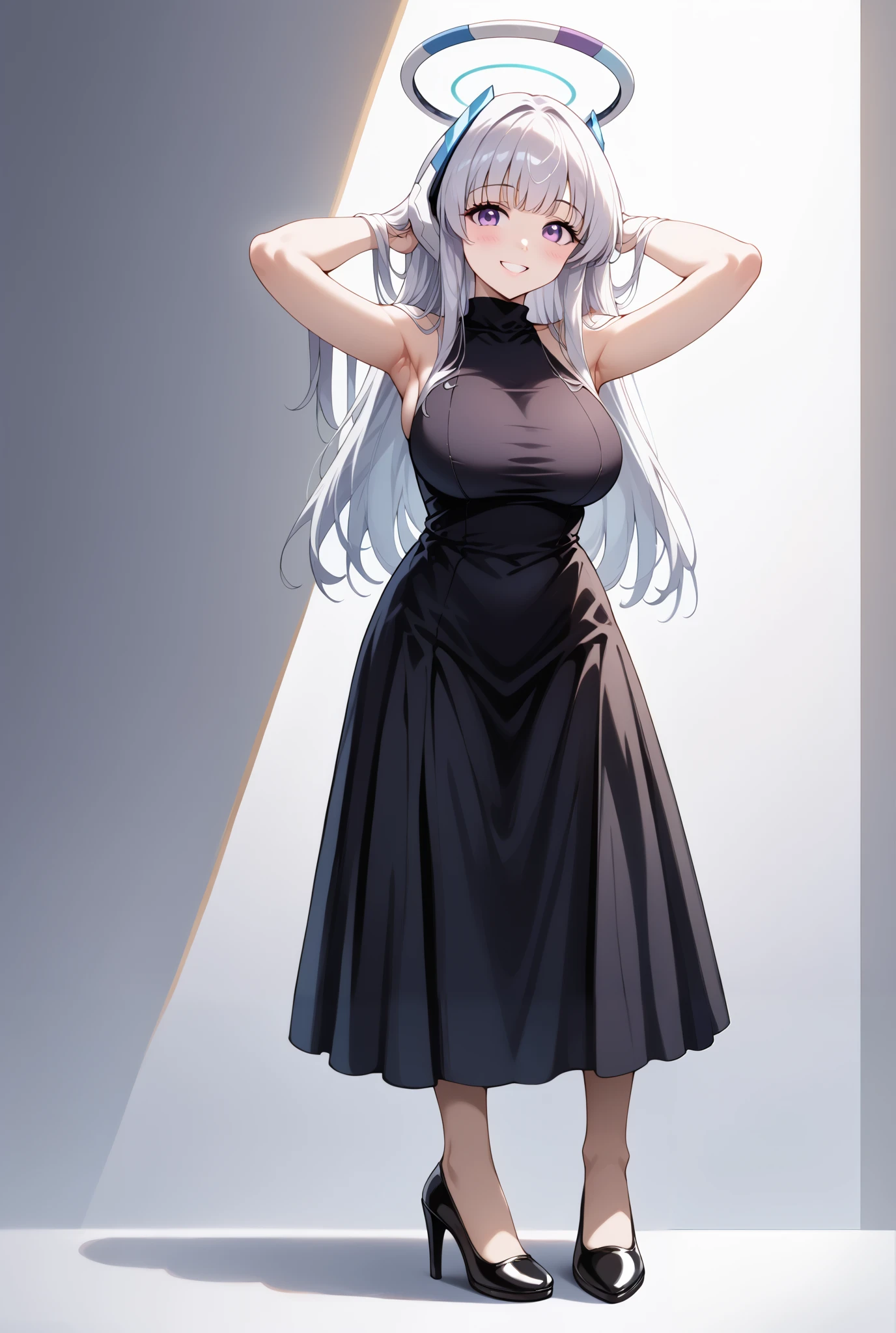 score_9, score_8_up, score_7_up, source_anime, 4K,perfect fingers,(perfect hands, perfect anatomy),prefect lighting, very aesthetic, intricate details,highly detailed background, masterpiece, high quality, best quality,
1girls,solo, noa ushio, purple eyes, grey hair, blunt bangs, long hair, sidelocks, large breasts, mature female, halo, headphones, mechanical halo,
wearing (((long and tight black dress, dress opening at the bottom, dress sleeveless ,black heels)),,
((White plain background:1.5)) , looking at viewer, smile,((hands behind head:1.5)), (perfect hands, perfect anatomy),cowboy shot, filed, high thigh individual , fullbody,Stand up,((front look:1.5)),((leaning forward:1.5)),