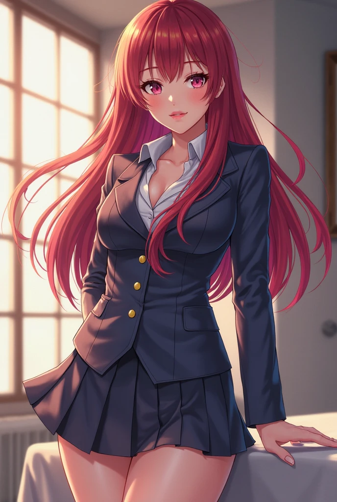 a stunningly beautiful young woman with an athletic yet curvaceous figure, long and silky dark brown hair with reddish highlights, usually tied back in an elegant high ponytail but sometimes worn loose when relaxed, large and expressive deep blue eyes that gleam with a silvery shimmer when her succubus curse is activated, and clear, soft skin with a slight sun-kissed glow, wearing the standard of a white blouse, navy blue pleated skirt, black blazer and red tie, but tailored to accentuate her curves and accessorized with a subtle necklace or bow tie, her expression generally serene and confident with a radiant smile, but with a look of restrained desire when her curse takes hold, 8k, ultra-detailed, photorealistic, professional portrait, dramatic lighting, intricate details, lifelike, fantasy character, dark academia aesthetic