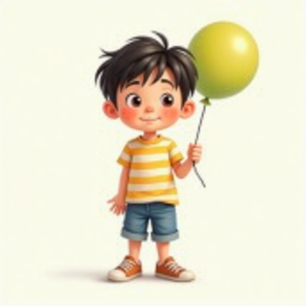 A cartoon boy of Asian appearance, aged 5-7, with a slightly different appearance: a rounder face, short tousled hair and freckles on his cheeks. He is dressed in bright casual clothes: a striped T-shirt, denim shorts and sneakers. In his hand he holds a balloon (for example, yellow or green) by a string, which is slightly swaying. The facial expression is thoughtful or slightly surprised, with a slight smile. The style is bright, ish, with soft lines and light shadows to look realistic but cute.