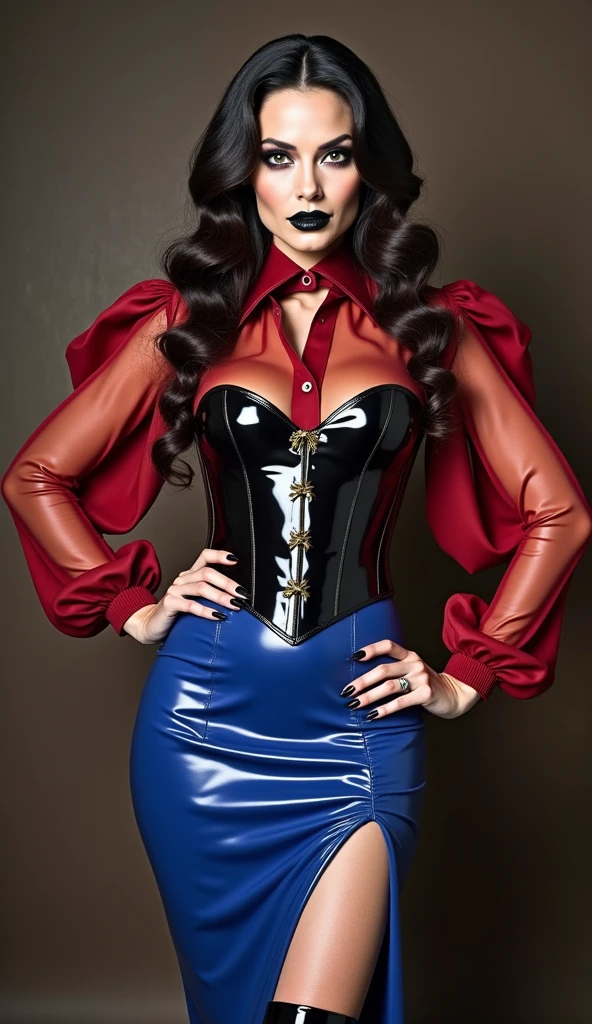 closeup shot, (angry evil dominatrix Krysten Ritter showing her clinched teeth in anger with flared nostrils and furrowed brows:1.2) in a (closed satin skintight silk buttoned mandarin collar blouse with large shoulder-pads and extremely tight corset and belt and satin cape:1.3), tight hairbun, silk gloves, large covered breasts, small waist, wide hips and torso, (insane wide eye stare:1.2), (muscular arms), subtle evil stare with flared nostrils, large shoulder-pads, extremely cinched small waist,