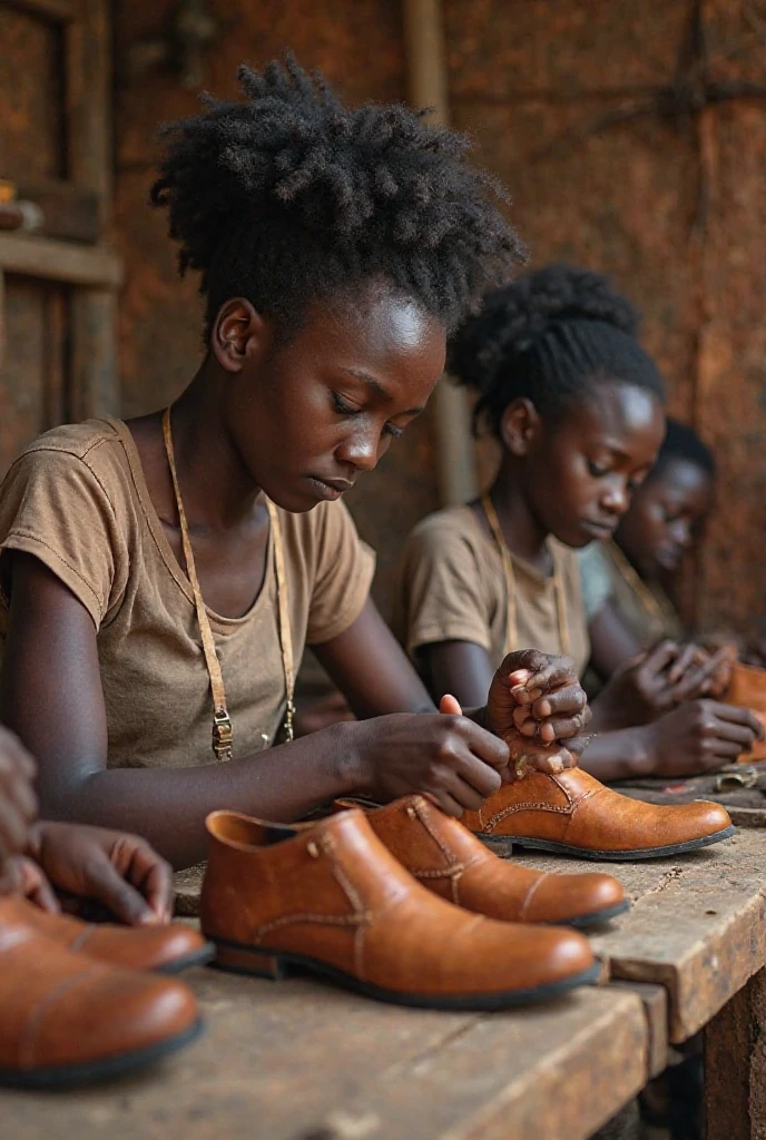 shows a group of children from rural Africa making swastika-shaped crafts from plastic waste, made in HD quality and with perfect body anatomy like a portrait of an ordinary human
