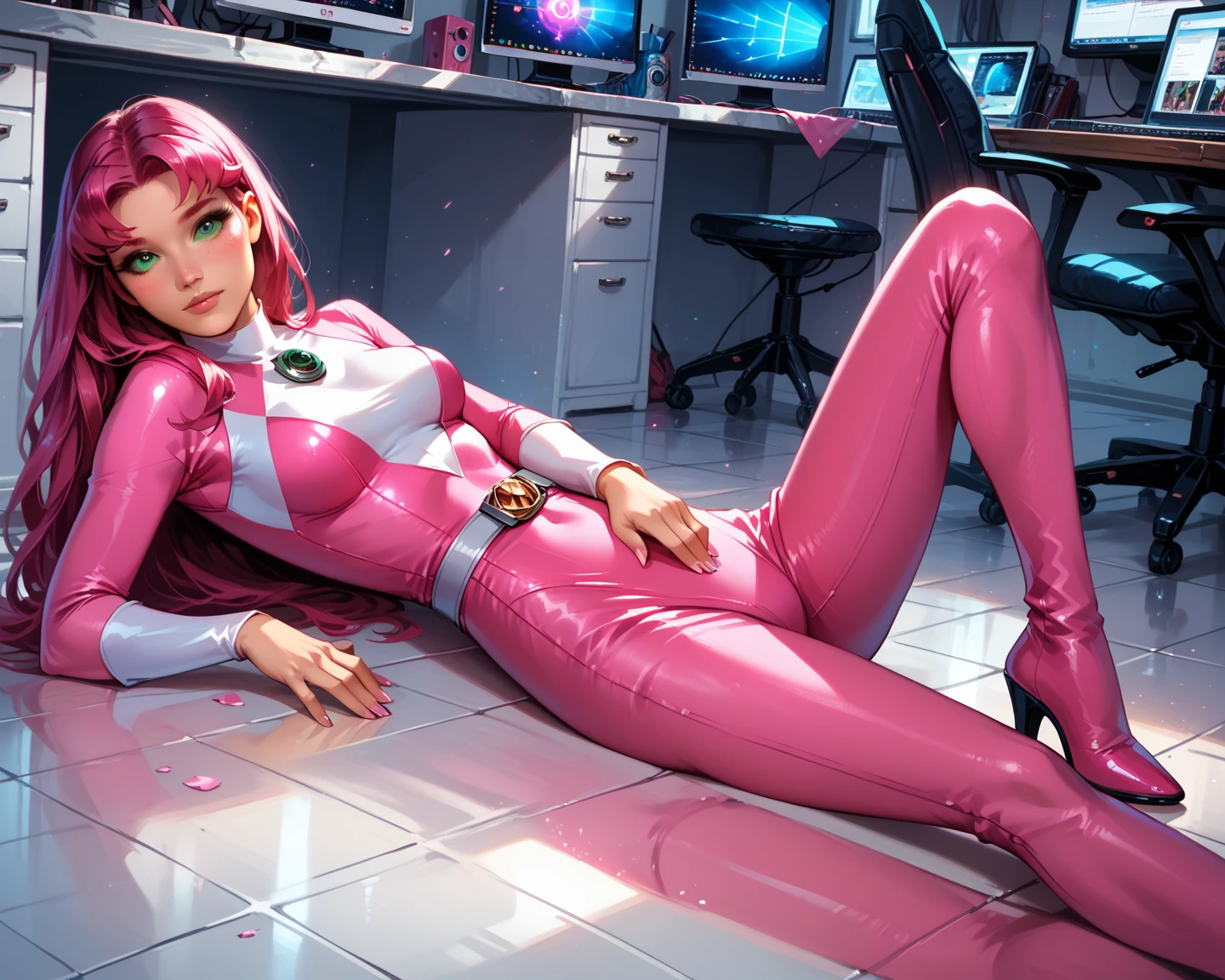 Cosplay dentista,medium breasts, medium butt,long pink hair, Sculpted body,dentist chair,patient chair, centated doctor..