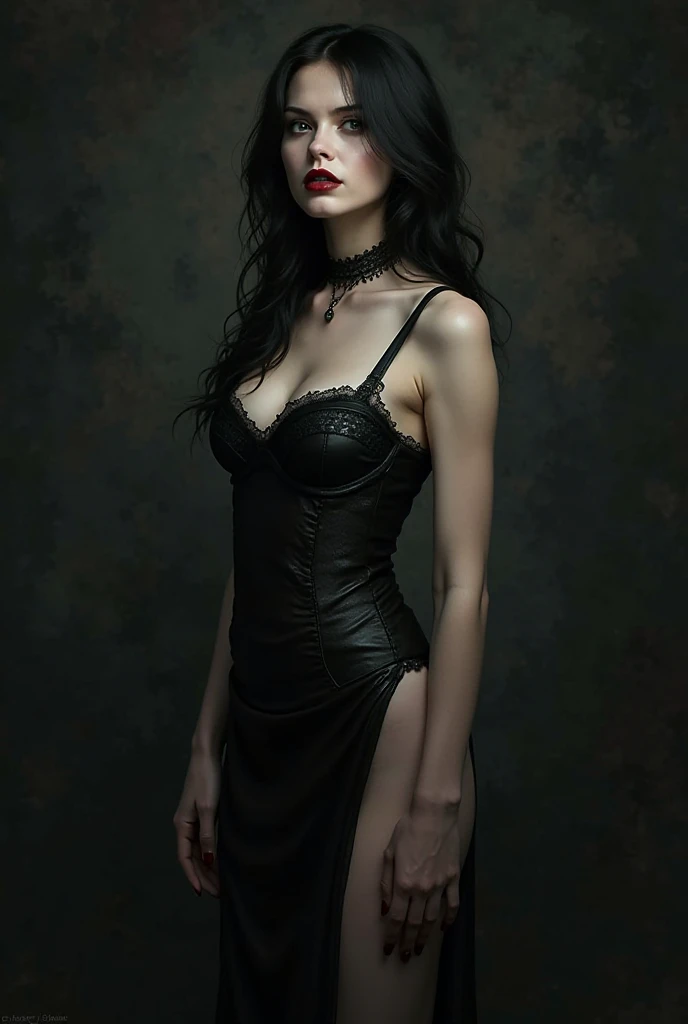 Vampire woman 
Beautiful 23 years old tall girl with pale skin, long wavy black hair, crimson red eyes, elegant black tight dress With neckline 
,A little voluptuous body, 