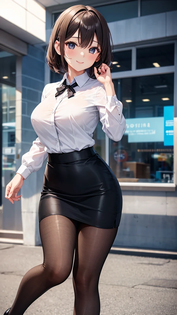 Brown hair short hair Glasses white blouse black tight skirt stockings lanyard id card 35 years old red rouge plump lips Eyes meet