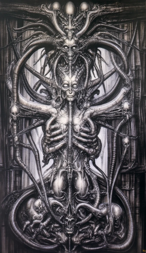 n the chilling, biomechanical style of H.R. Giger, a chubby woman with voluptuous curves emerges from the shadows. Sinewy tendrils intertwine with her skin, merging the organic with the mechanical in a disturbing fusion. The eerie glow of bioluminescent hues illuminates her form, casting stark shadows and enhancing the sense of otherworldly horror. Every detail is rendered with meticulous precision, from the intricate patterns etched into her skin to the grotesque machinery that seems to pulse with a life of its own. Despite her vulnerability, there is a haunting beauty to her form, a strange allure that draws the viewer in even as it repels. This digital artwork pays homage to H.R. Giger's iconic aesthetic, evoking a sense of awe and unease in equal measure. It invites viewers to confront their deepest fears and desires, exploring the boundary between the human and the inhuman, the organic and the artificial. In the world of H.R. Giger, beauty and horror coexist in a balance