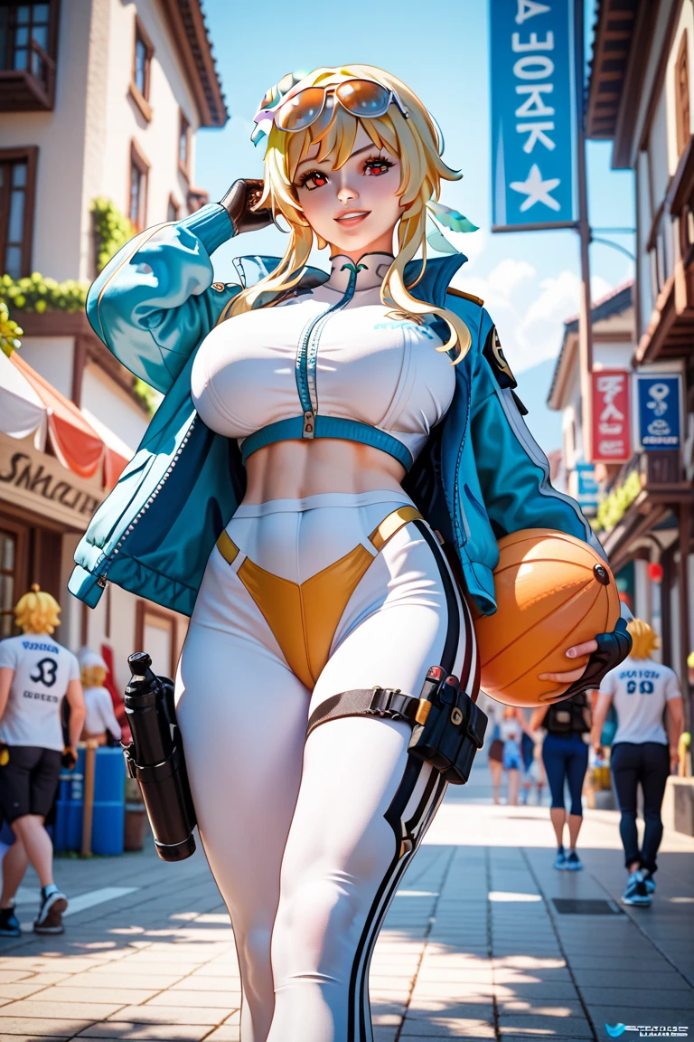 (4k, best quality, masterpiece:1.2), (realistic, photo-realistic:1.37),skye , on a beach, , , yellow leotard, blue eyes , thick things, aroused, horny, red hat, standing, , jacket, black leggings, busty