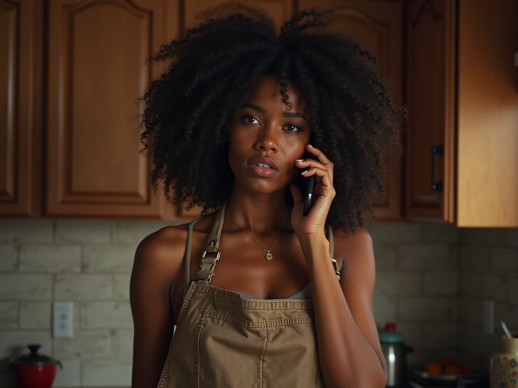 I want an emotion of fun, a woman with curly hair, black skin is holding a cell phone and looks disgusted
