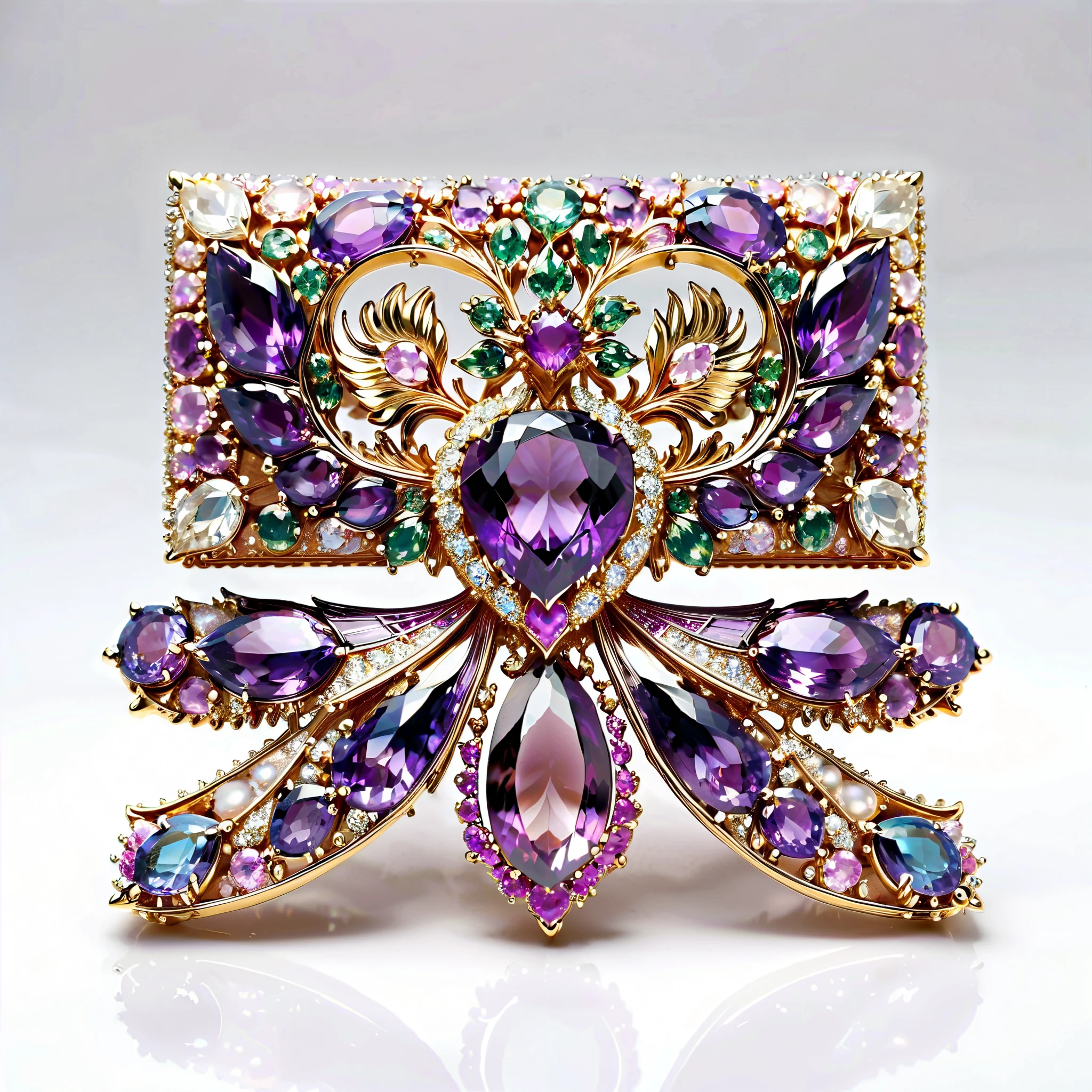 masterpiece. Beautiful purple brooch , depicts a Malagasy tourmaline purple phoenix, precious purple gemstones adorn fine jewelry . Exquisite craftsmanship . high quality. excellent improvement . (( Super Fine )). Table decoration , with scattered purple mother-of-pearl , Purple opals, Amethyst . Amethyst. masterpiece hors norme. majestic and authentic . super realistic .. (( white background ))