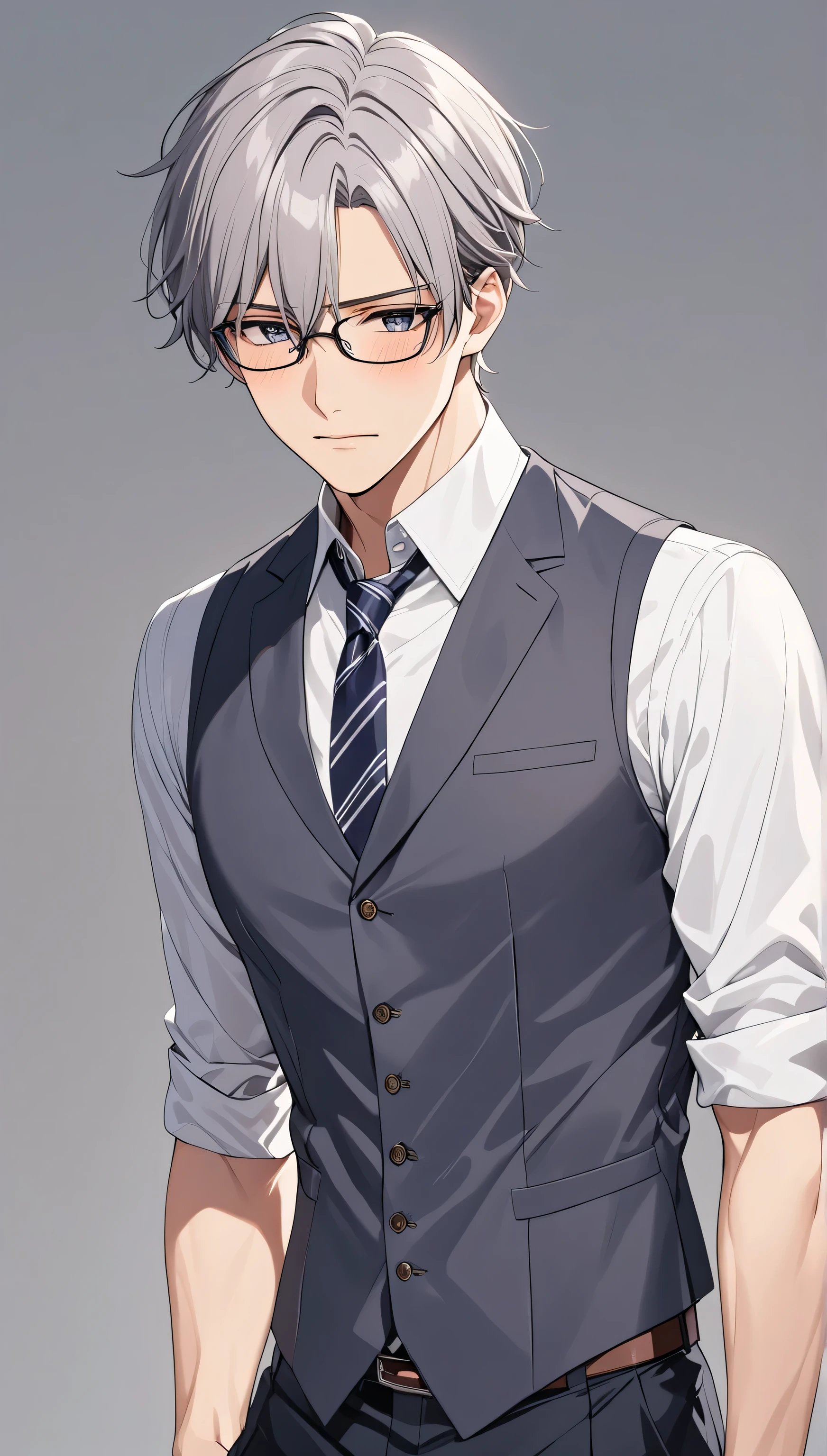 top quality Masterpiece high definition Masterpiece , gray hair man, grey Eyes man plain backround, no backround, white backround, male, mascular body , handsome, ikemen, sexy, abs, anime hair, bangs, shy, nerd, glasses, school uniform, shy, scared, blush, vest, blazzer, tie