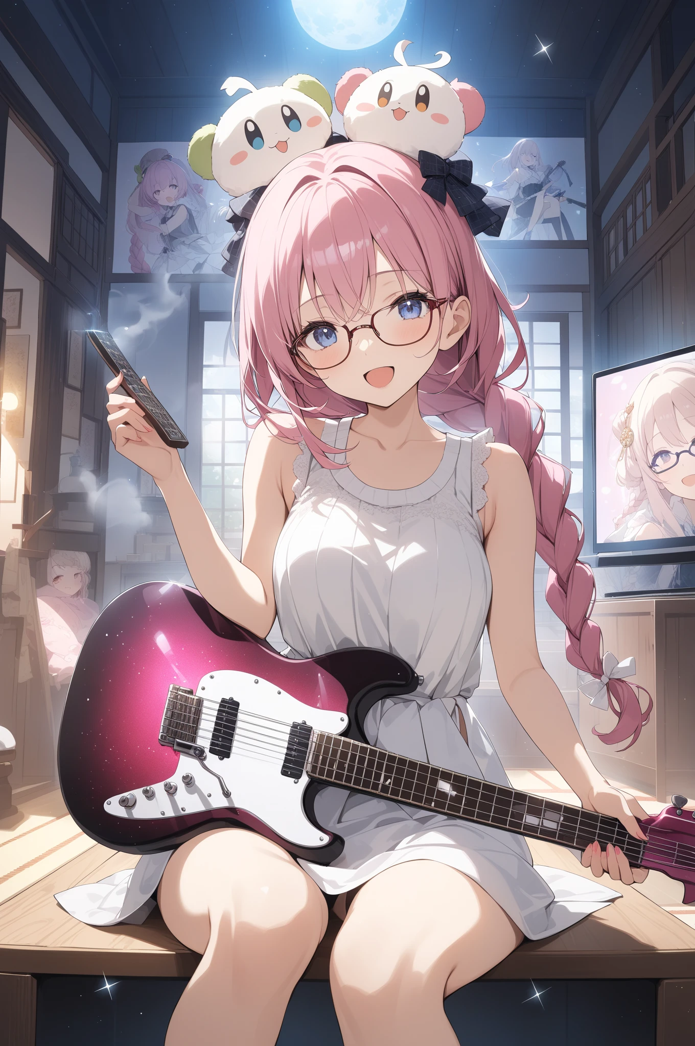 Idol singers playing electric guitar、 anime風, :zero, Emilia style woman , semi-long hair before,  Japanese-style room at night、Stylish kotatsu table、Eating mochi with a puff of steam、Beautiful women are、Wearing cute winter clothes .  Small magatama beads on the eyes ,  twinkle in both armpits, beautiful eyes, 4K, high quality,  bangs between your eyes,  pink hair ,   and a braided ponytail  ,   sleeveless shirt with all bangs , chest,  open your mouth slightly,  Eye symbol  ,   happy/joy,  sticks out of the screen ,  Glasses on her head ,  glitter effect,  lens flare,  Godley,  high resolution,   has won several 々award ,   high definition model ,   Super Fine, quality,  high detail, highest quality,  masterpiece, The lighting in the room is soft、8k octane with legs crossed,  anime風,  anime,  zoom layer , 